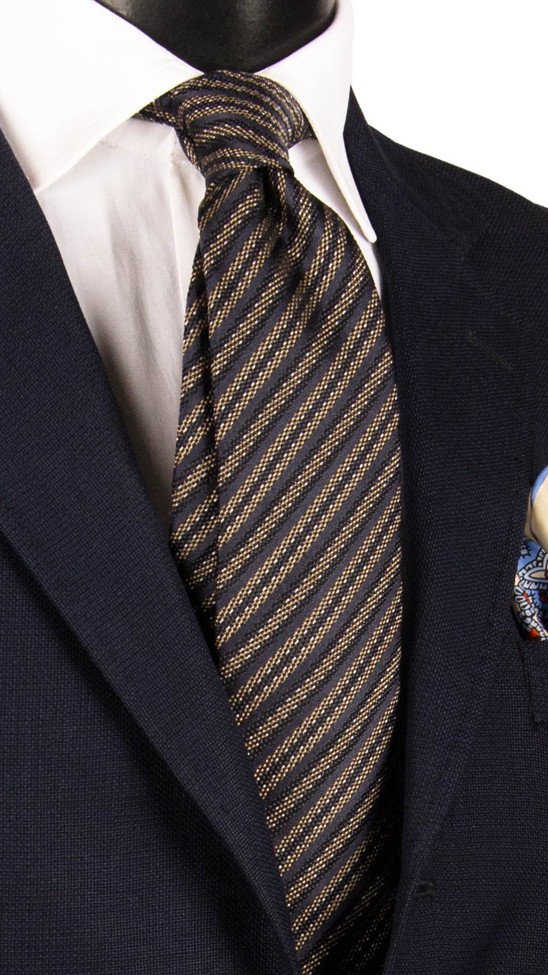 Cravatta Regimental di Seta Grigia Scura con Righe Beige Blu Bianche 7323 Graffeo Cravatte Made in Italy