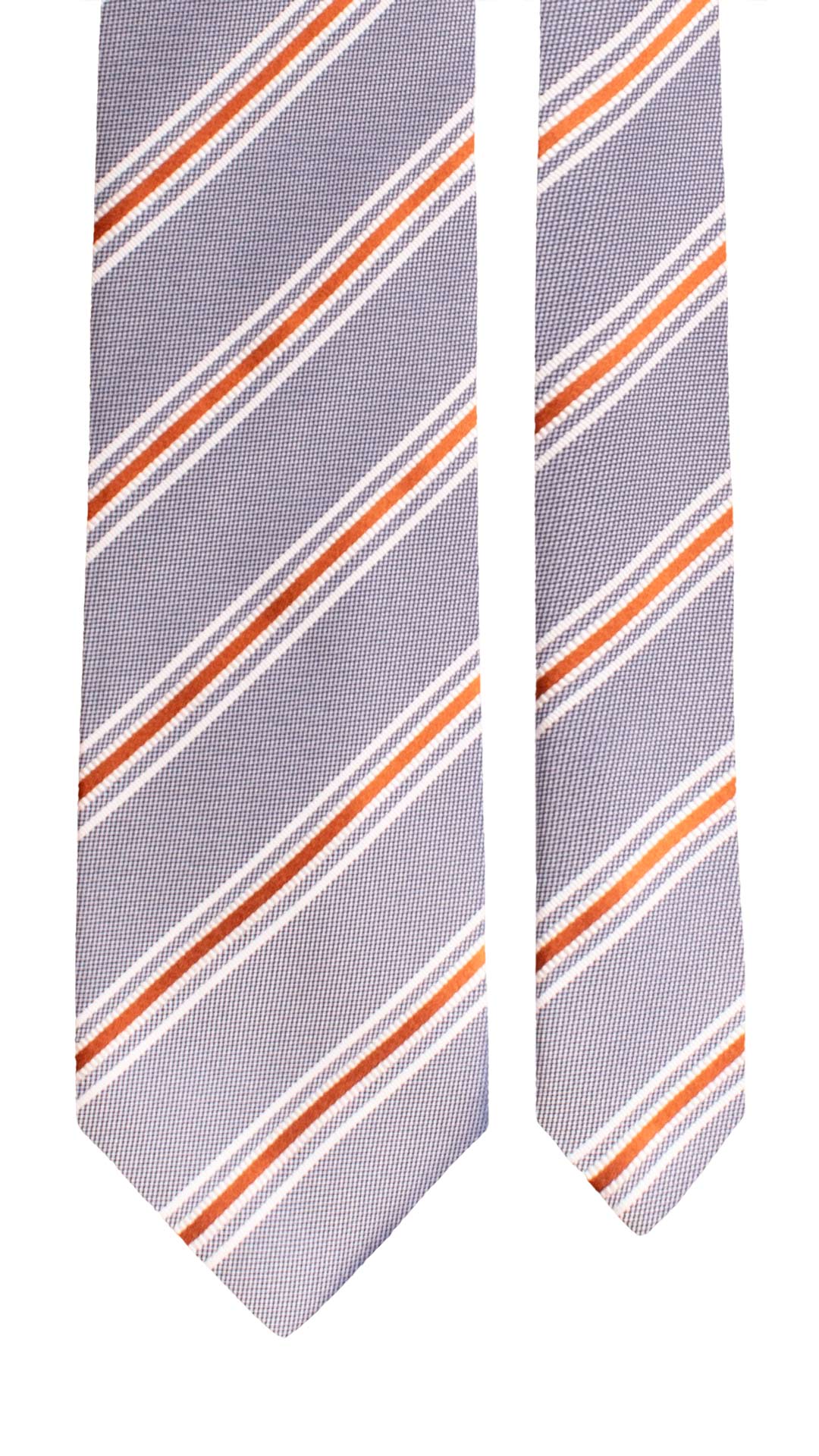 Cravatta Regimental di Seta Grigio Argento Blu con Righe Bianche Arancioni 1843 Graffeo Cravatte Made in Italy Pala