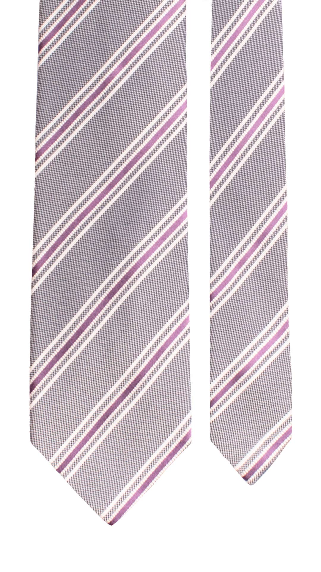 Cravatta Regimental di Seta Grigio Argento Blu con Righe Bianche Viola 1844 Graffeo Cravatte Made in Italy Pala