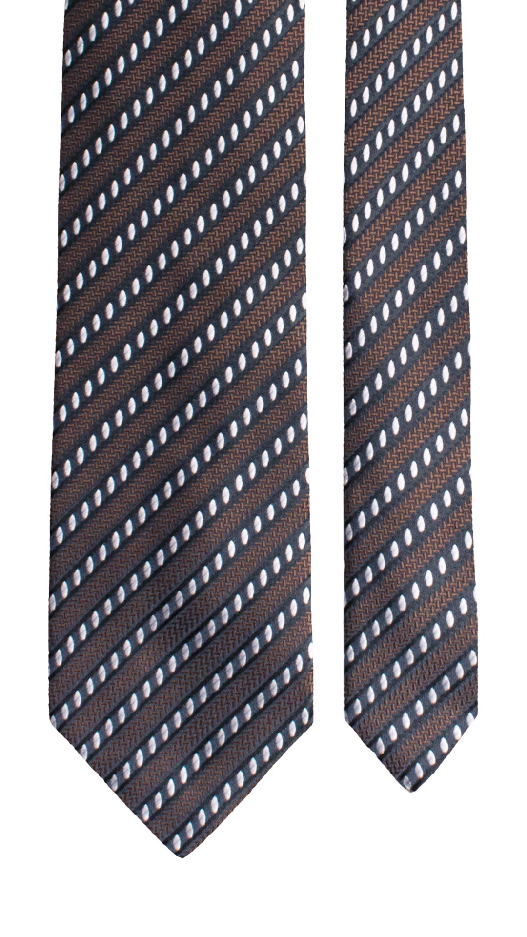Cravatta Regimental di Seta Marrone Blu Fantasia Grigio Argento Celeste 1680 Graffeo Cravatte Made in Italy Pala