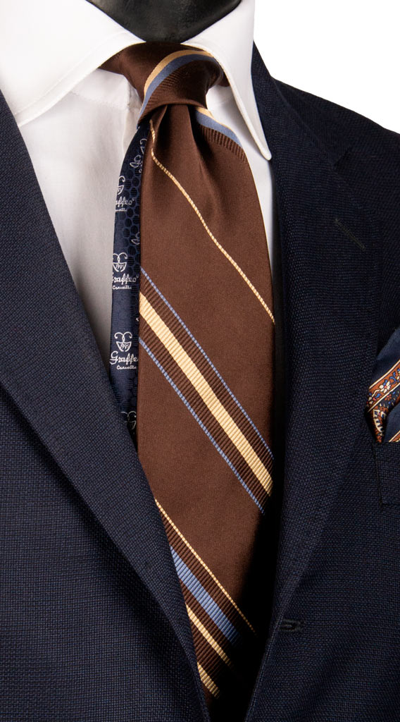Cravatta Regimental di Seta Marrone con Righe Beige Blu Avio Made in italy Graffeo Cravatte