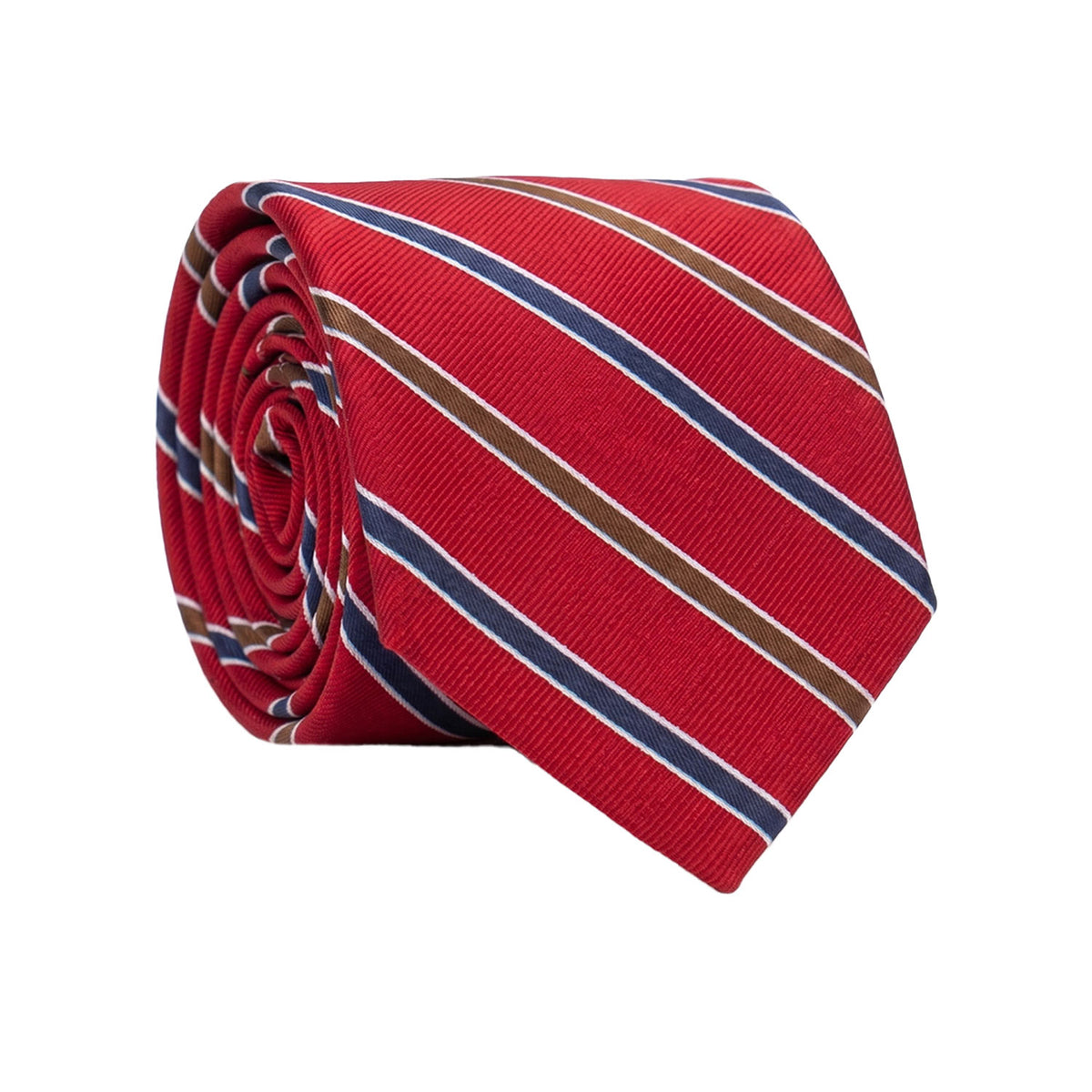 Cravatta Regimental di Seta Rosso Bordeaux con Righe Blu Marroni Celesti 7644 Made in Italy Graffeo Cravatte Rotolo