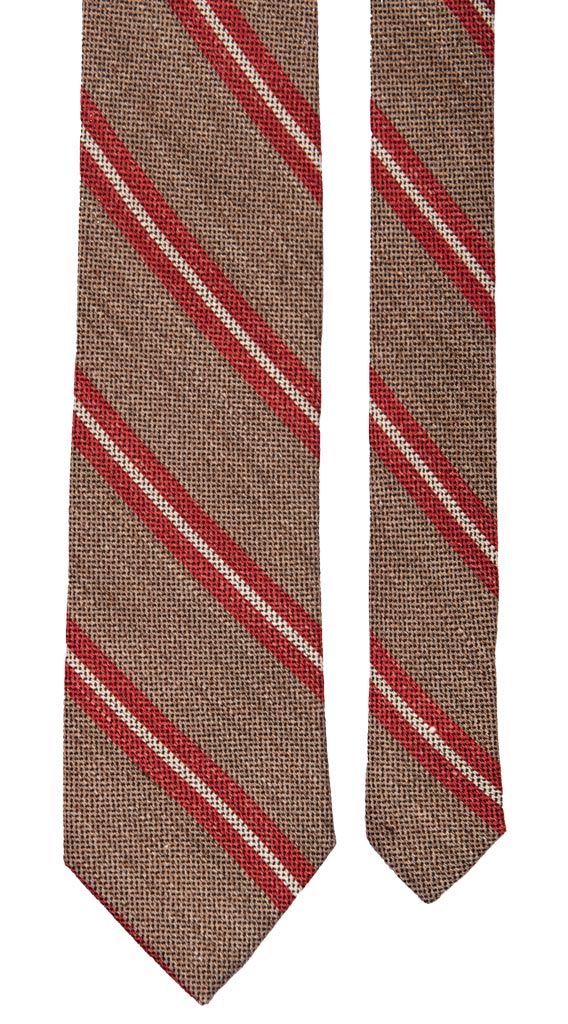 Cravatta Regimental di Seta Tortora con Righe Rosse Bianche 6892 Pala