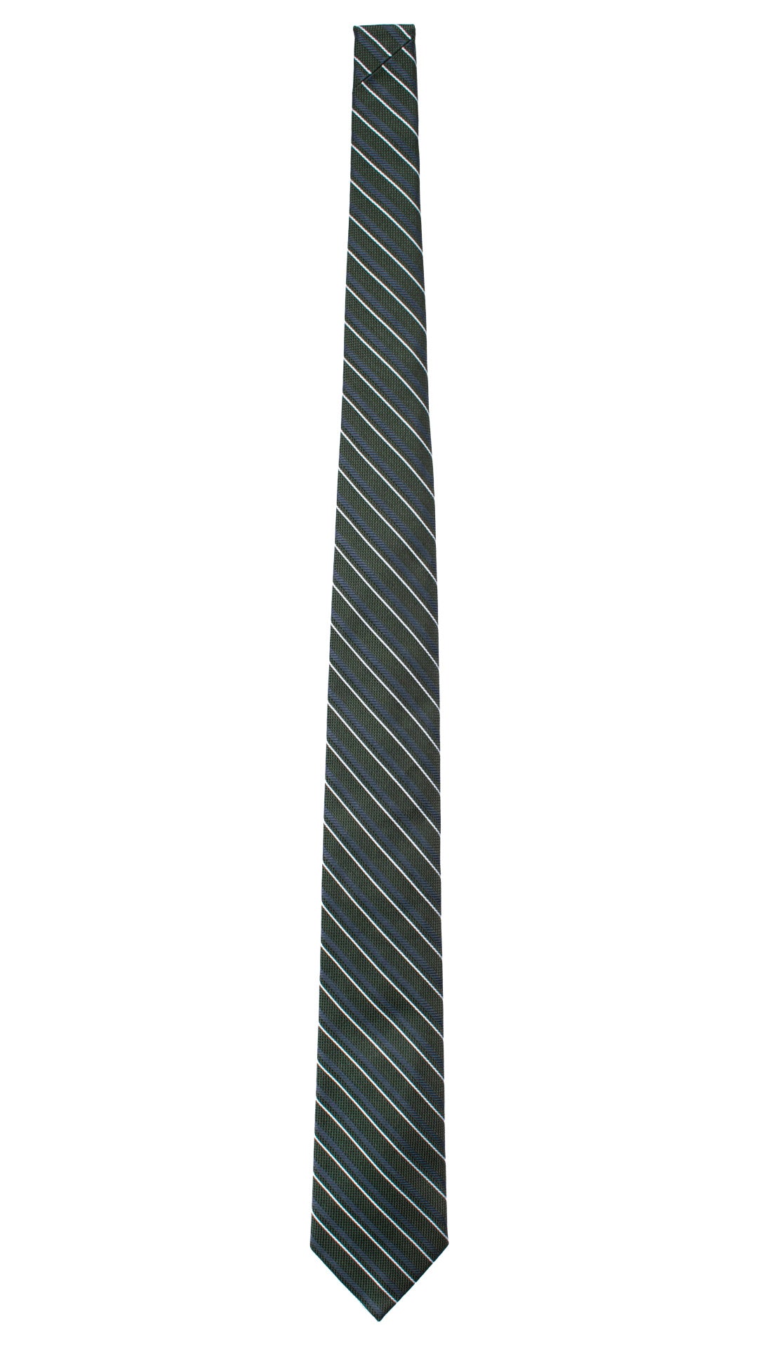 Cravatta Regimental di Seta Verde con Righe Bianche Blu 7476 Made in Italy Graffeo Cravatte Intera