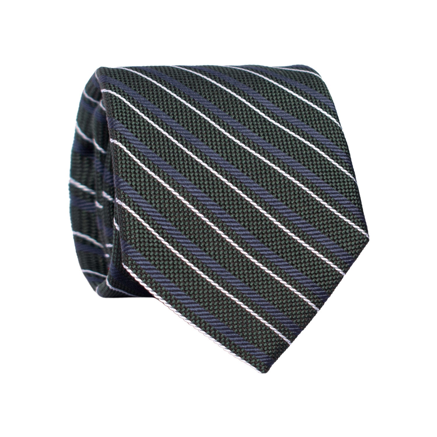 Cravatta Regimental di Seta Verde con Righe Bianche Blu 7476 Made in Italy Graffeo Cravatte Rotolo
