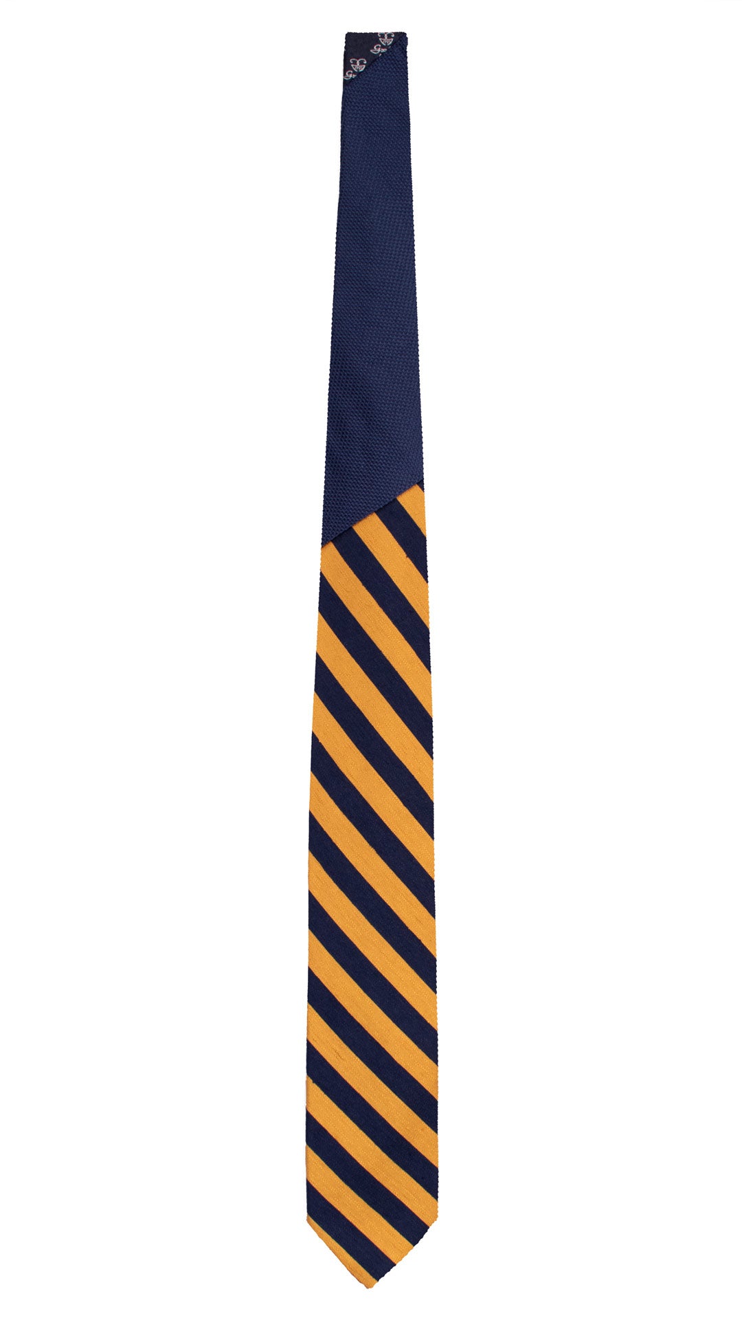 Cravatta Regimental in Seta Lino con Righe Blu Giallo Ocra Nodo in Contrasto Blu Fantasia Tono su Tono N3405  Made in Italy Graffeo Cravatte Intera