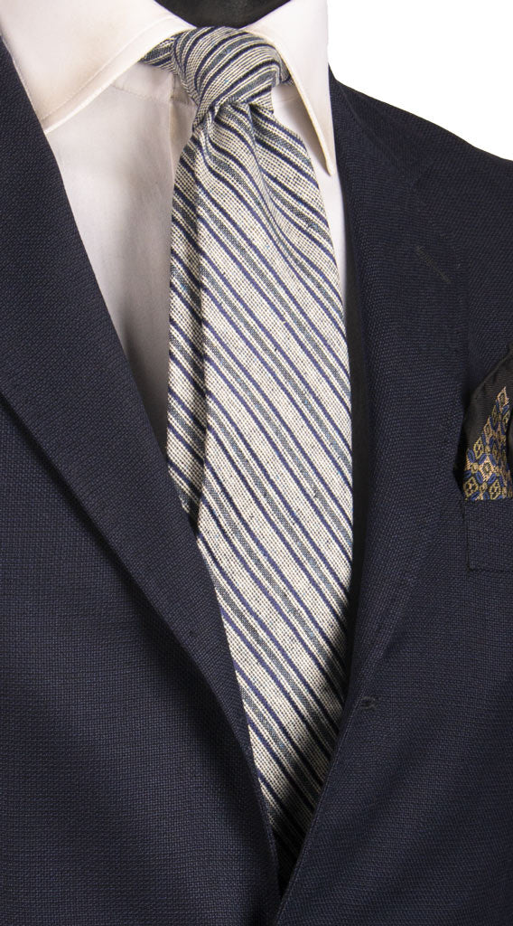 Cravatta Regimental in Seta Lino in Tweed con Righe Bianche Blu Made in Italy Graffeo Cravatte