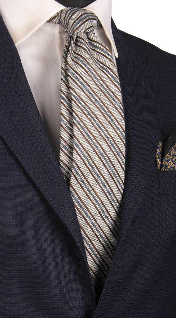 Cravatta Regimental in Seta Lino in Tweed con Righe Bianche Blu Marroni Made in Italy Graffeo Cravatte