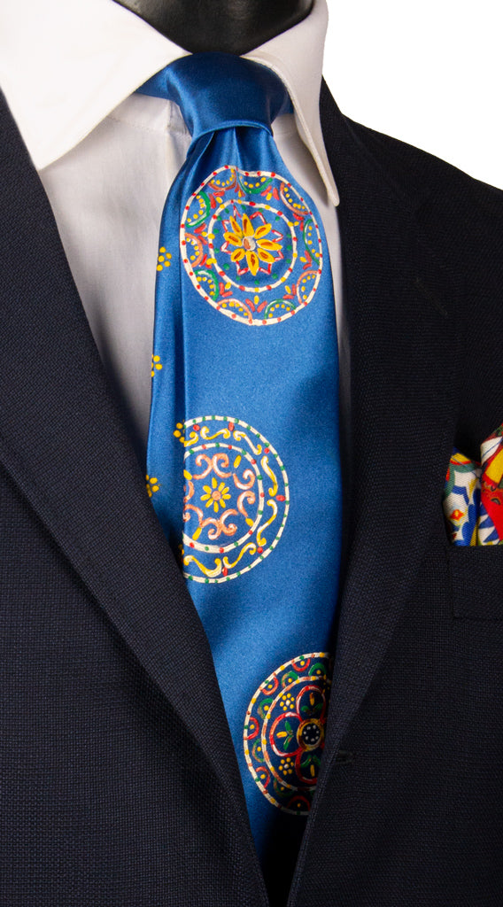 Cravatta Siciliana Bluette Dipinta a Mano Made in Italy Graffeo Cravatte