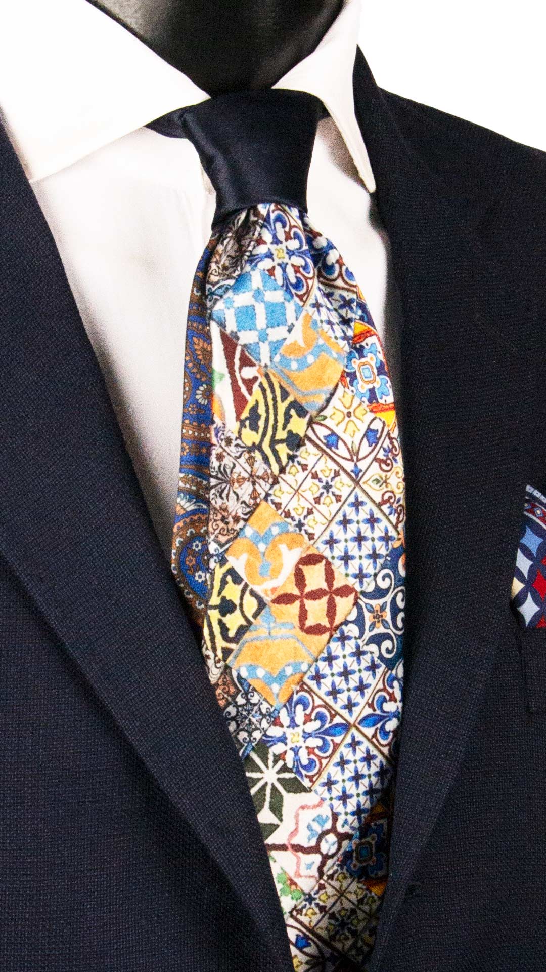 Cravatta Siciliana Micro Mosaico Vintage Patchwork di Seta Raso con Maioliche PM1258 Made in Italy Graffeo Cravatte