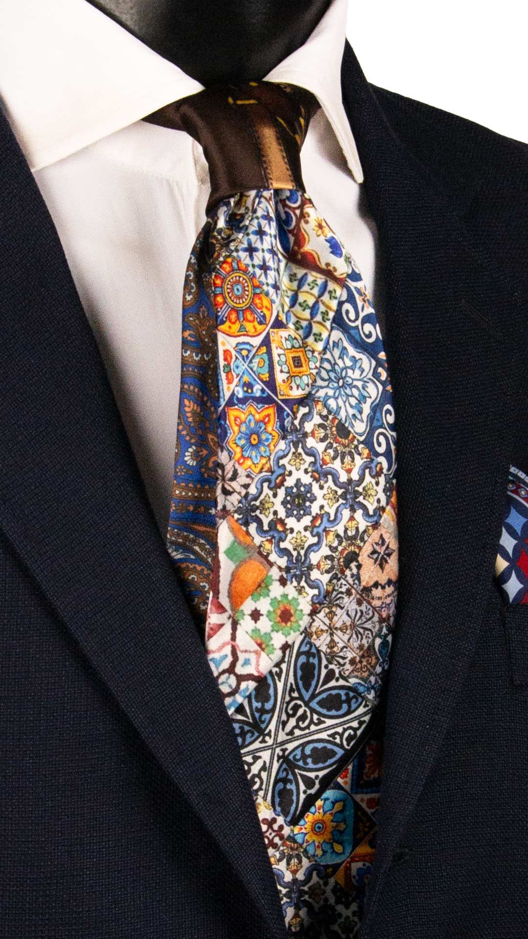 Cravatta Siciliana Micro Mosaico Vintage Patchwork di Seta Raso con Maioliche PM1260 Made in Italy Graffeo Cravatte
