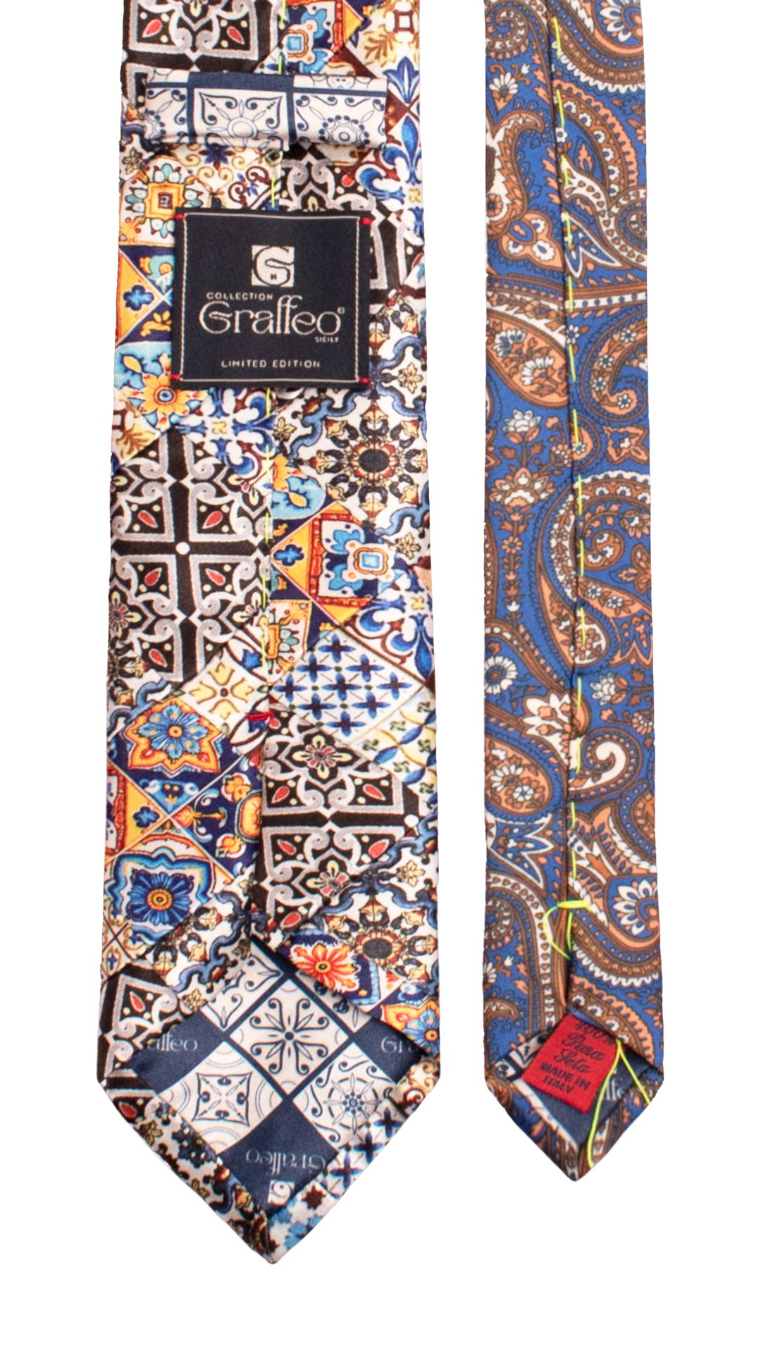 Cravatta Siciliana Micro Mosaico Vintage Patchwork di Seta Raso con Maioliche PM1261 Made in Italy Graffeo Cravatte Pala