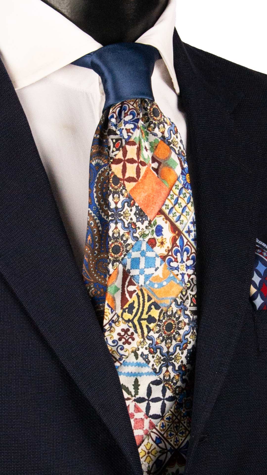 Cravatta Siciliana Micro Mosaico Vintage Patchwork di Seta Raso con Maioliche PM1261 Made in Italy Graffeo Cravatte