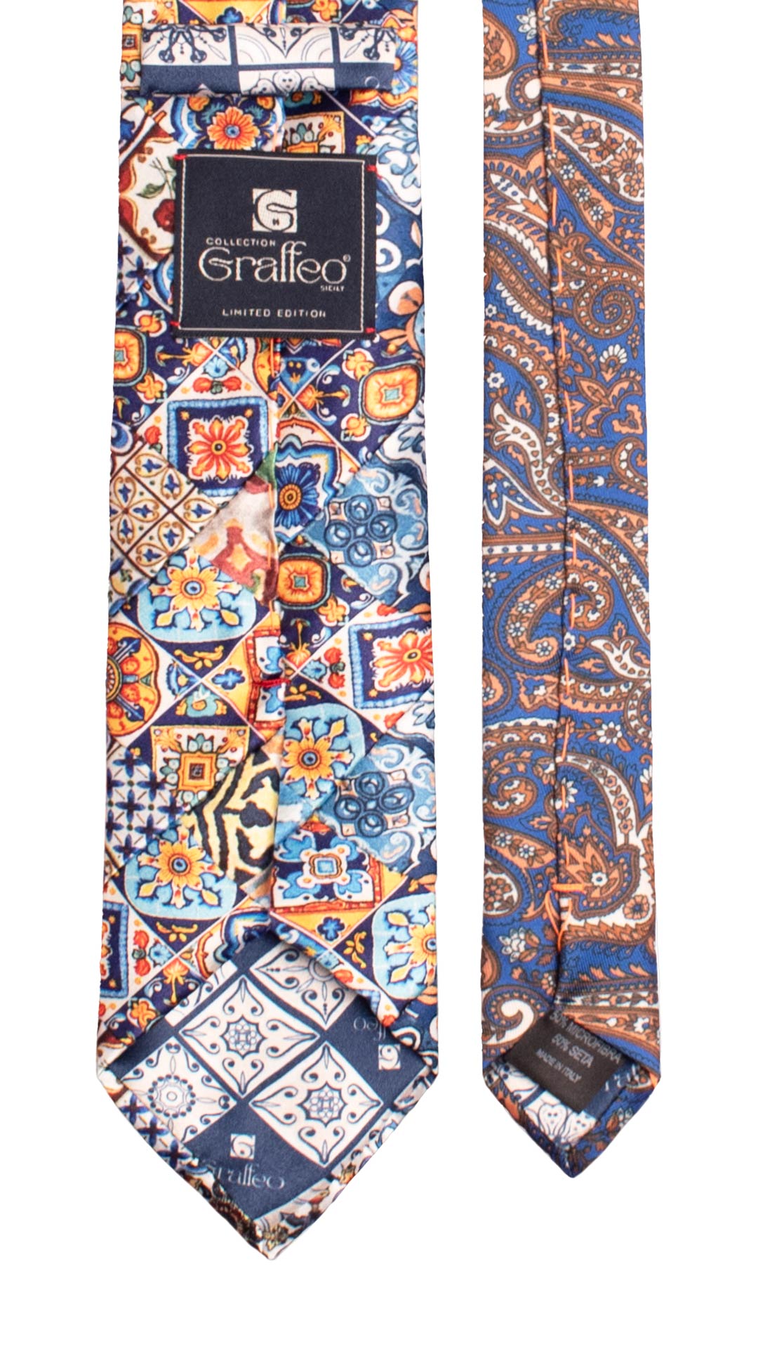 Cravatta Siciliana Micro Mosaico Vintage Patchwork di Seta Raso con Maioliche PM1262 Made in Italy Graffeo Cravatte Pala