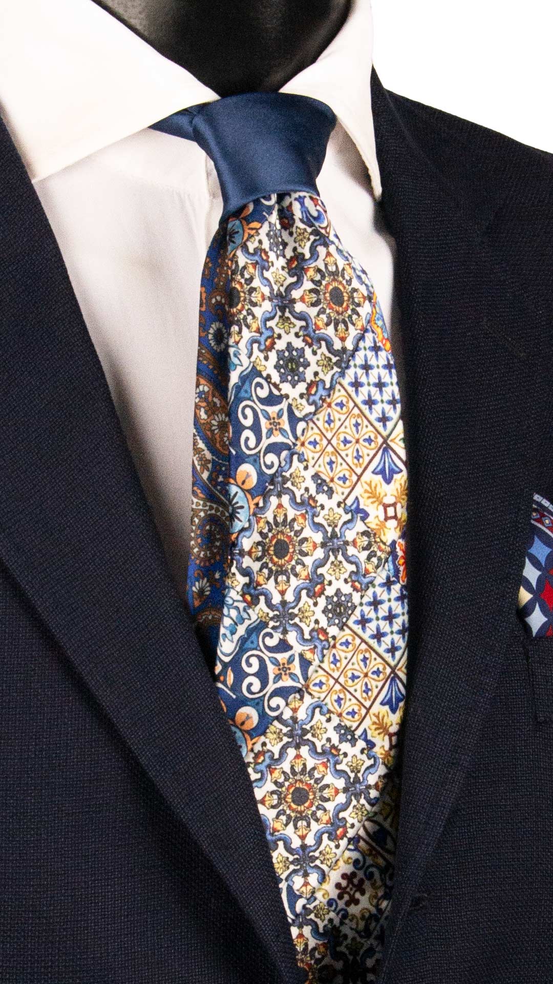 Cravatta Siciliana Micro Mosaico Vintage Patchwork di Seta Raso con Maioliche PM1262 Made in Italy Graffeo Cravatte