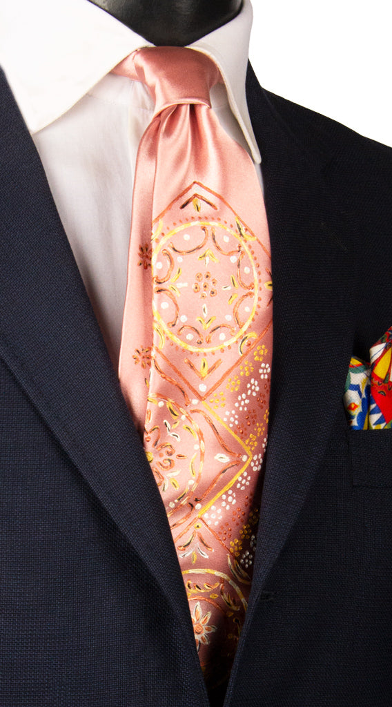 Cravatta Siciliana Rosa Salmone Dipinta a Mano Made in Italy Graffeo Cravatte