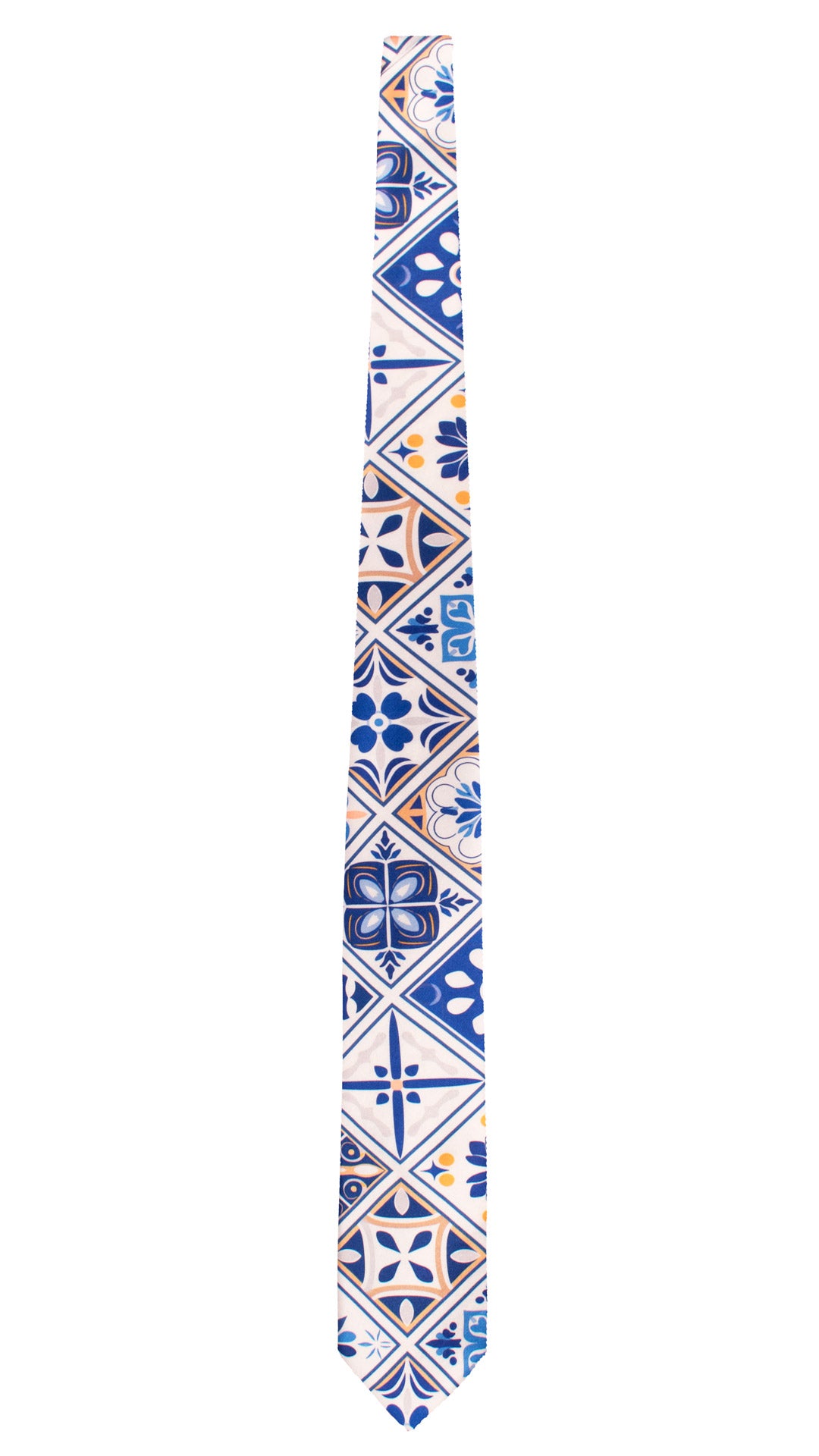 Cravatta Siciliana Stampa di Raso Bianca con Maioliche Giallo Ocra Blu CS42 Made in Italy Graffeo Cravatte Intera