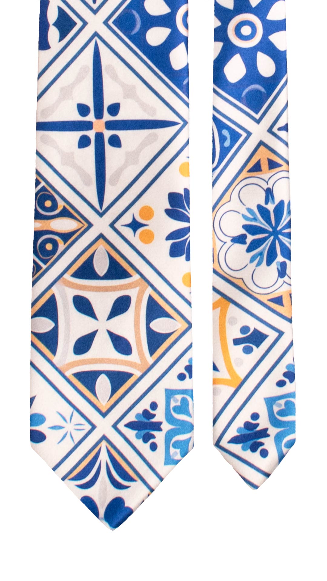 Cravatta Siciliana Stampa di Raso Bianca con Maioliche Giallo Ocra Blu CS42 Made in Italy Graffeo Cravatte Pala