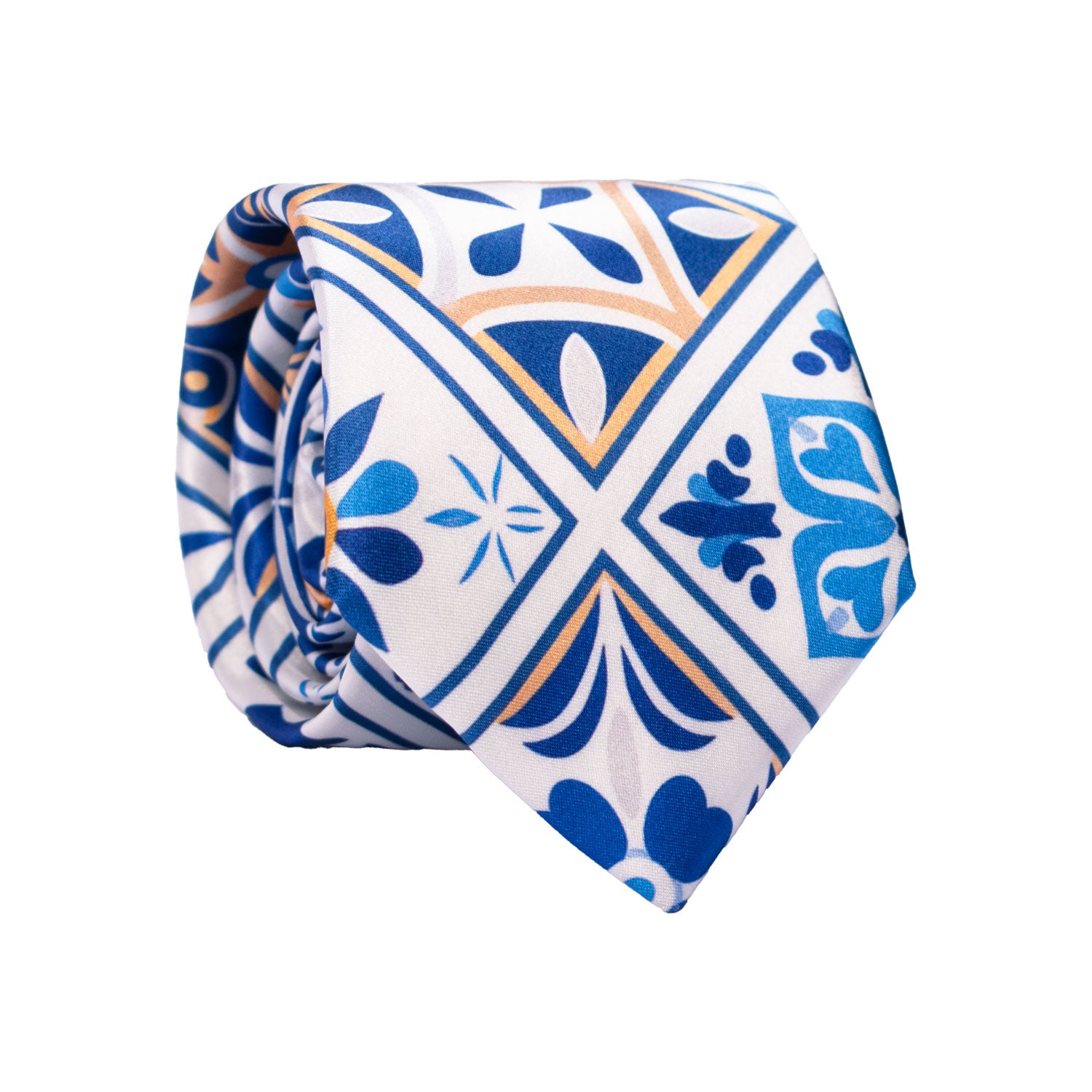 Cravatta Siciliana Stampa di Raso Bianca con Maioliche Giallo Ocra Blu CS42 Made in Italy Graffeo Cravatte Rotolo