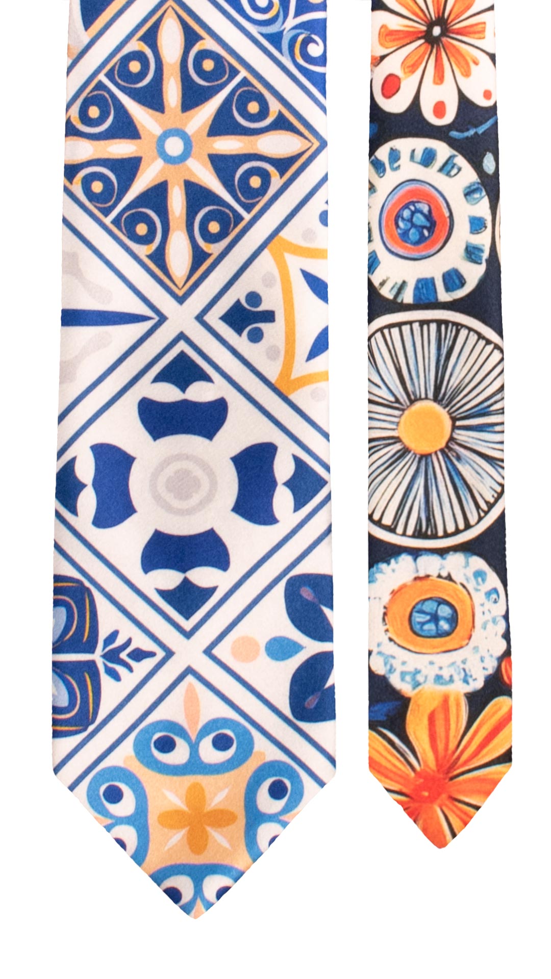 Cravatta Siciliana Stampa di Raso Bianca con Maioliche Giallo Ocra Blu Nodo in Contrasto Blu N3259 Made in Italy Graffeo Cravatte Pala