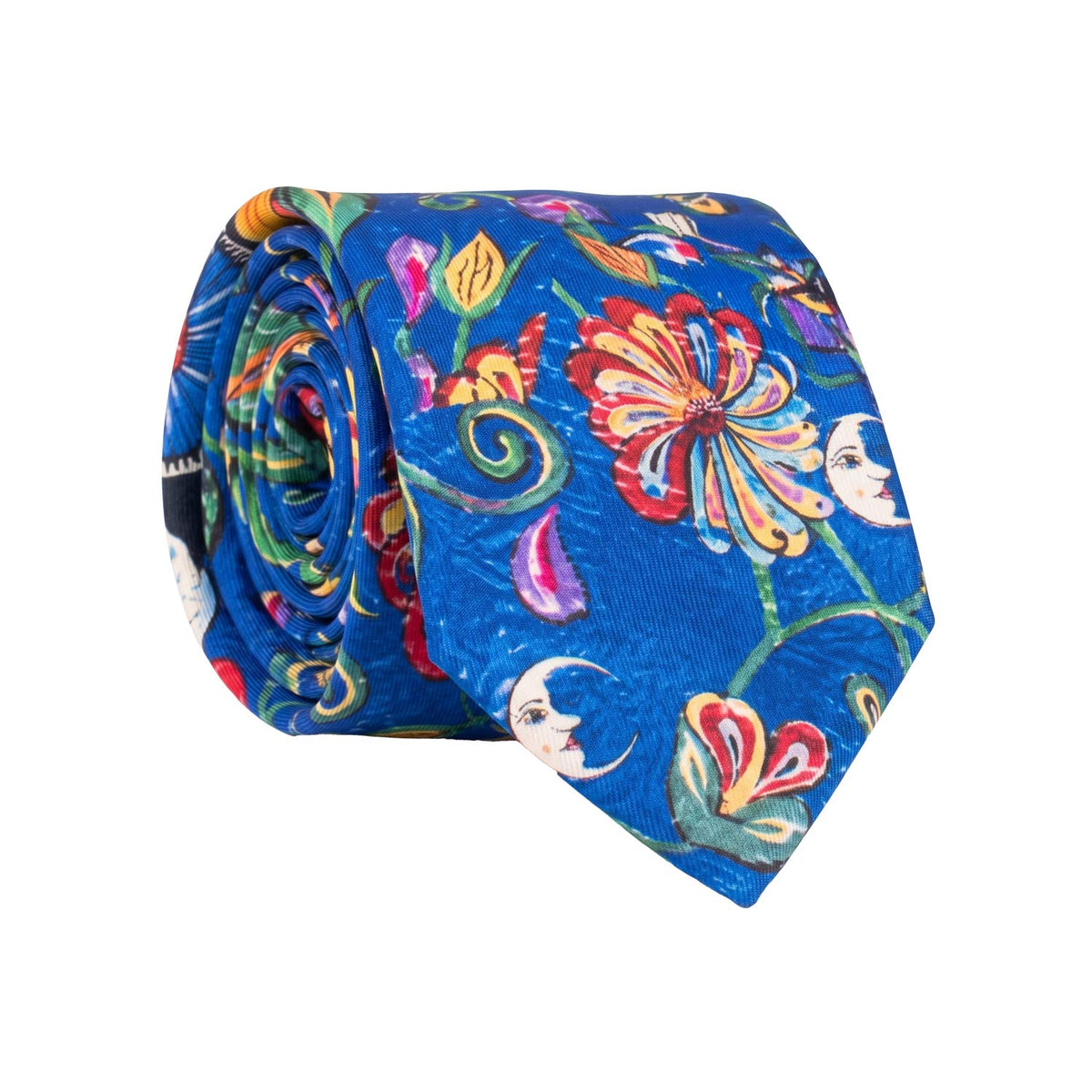 Cravatta Siciliana Stampa di Raso Bluette Fantasia Multicolor Nodo in Contrasto Rosso Arancio N3507 Made in Italy Graffeo Cravatte Rotolo