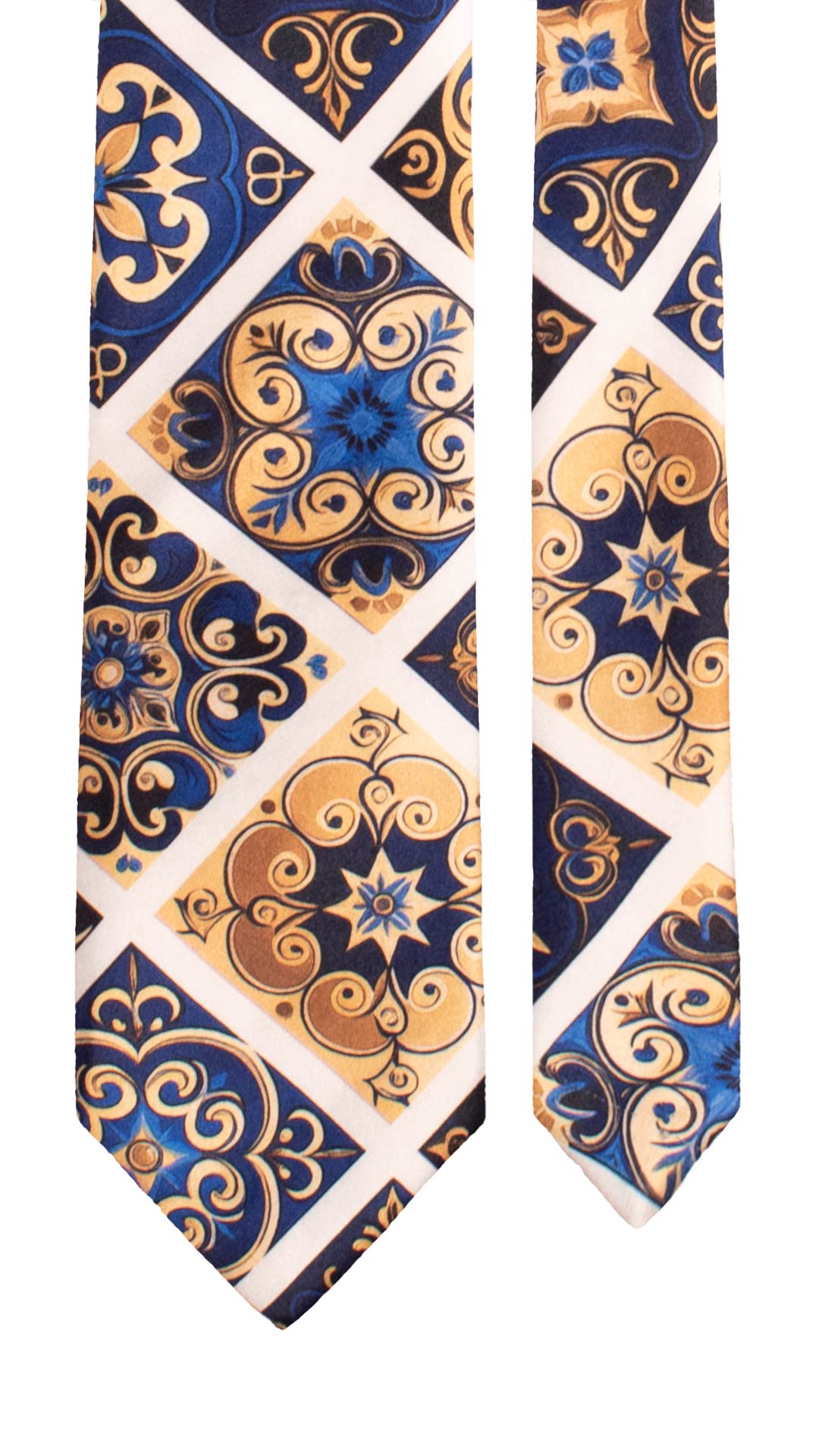 Cravatta Siciliana Stampa di Raso con Maioliche Giallo Oro Blu Bluette CS39 Made in Italy Graffeo Cravatte Pala