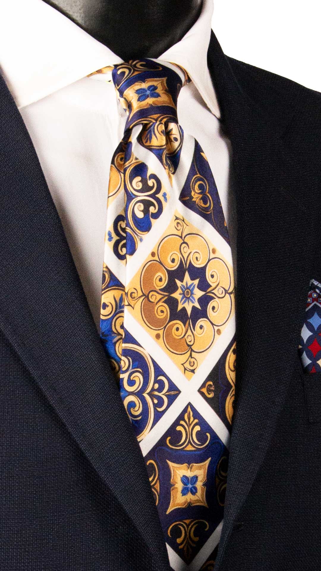 Cravatta Siciliana Stampa di Raso con Maioliche Giallo Oro Blu Bluette CS39 Made in Italy Graffeo Cravatte
