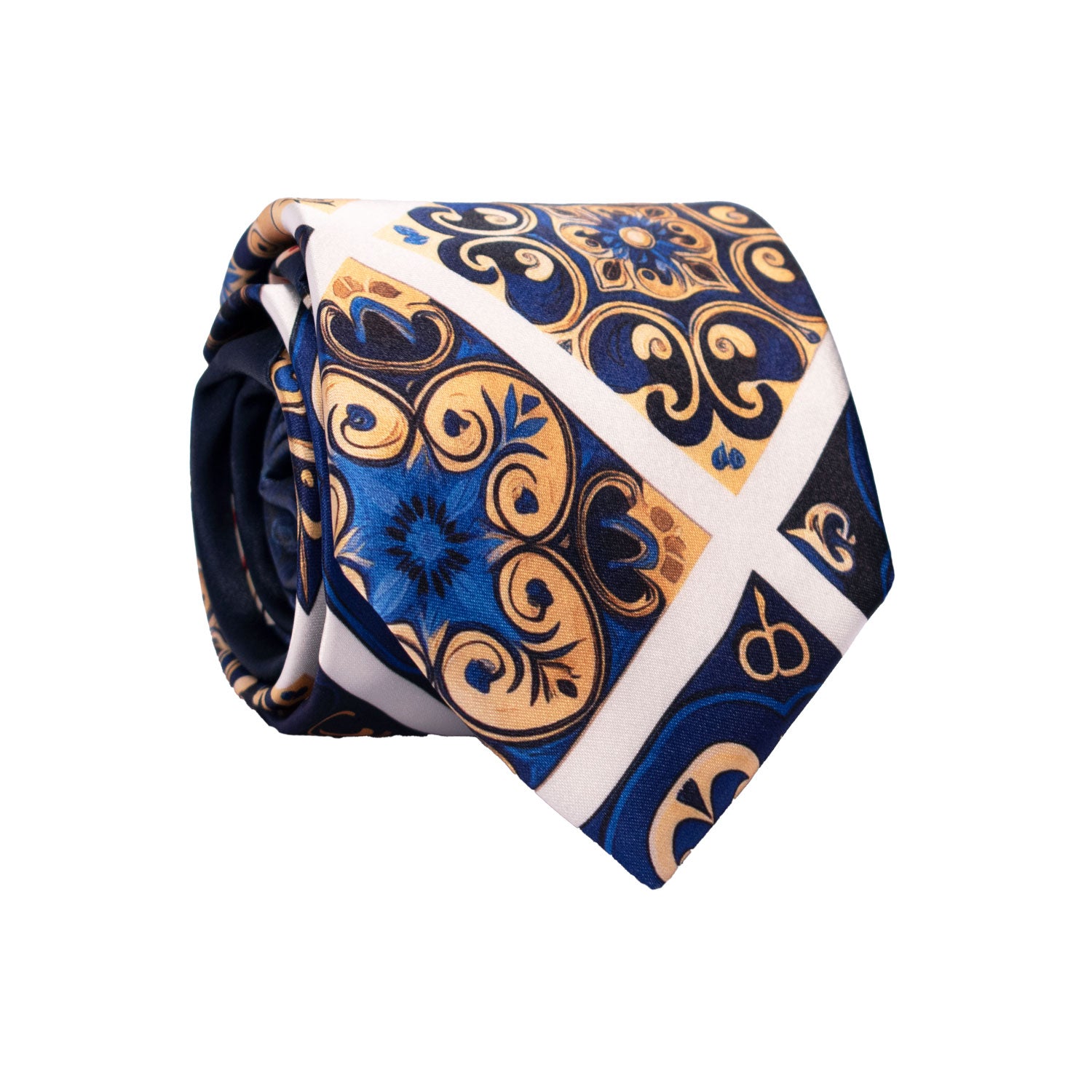 Cravatta Siciliana Stampa di Raso con Maioliche Giallo Oro Blu Bluette Nodo in Contrasto Blu Notte N3258 Made in Italy Graffeo Cravatte Rotolo