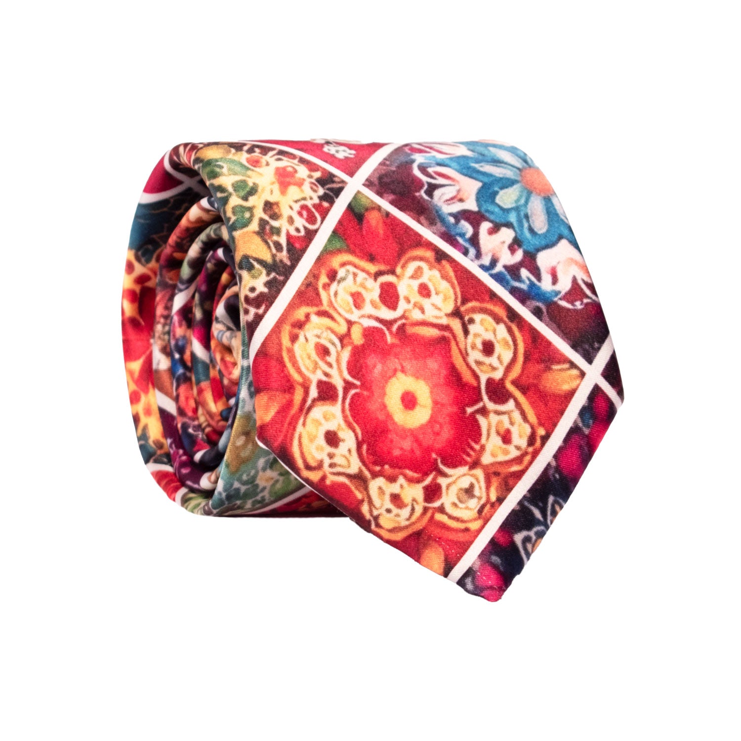 Cravatta Siciliana Stampa di Raso con Maioliche Multicolor CS44 Made in Italy Graffeo Cravatte Rotolo