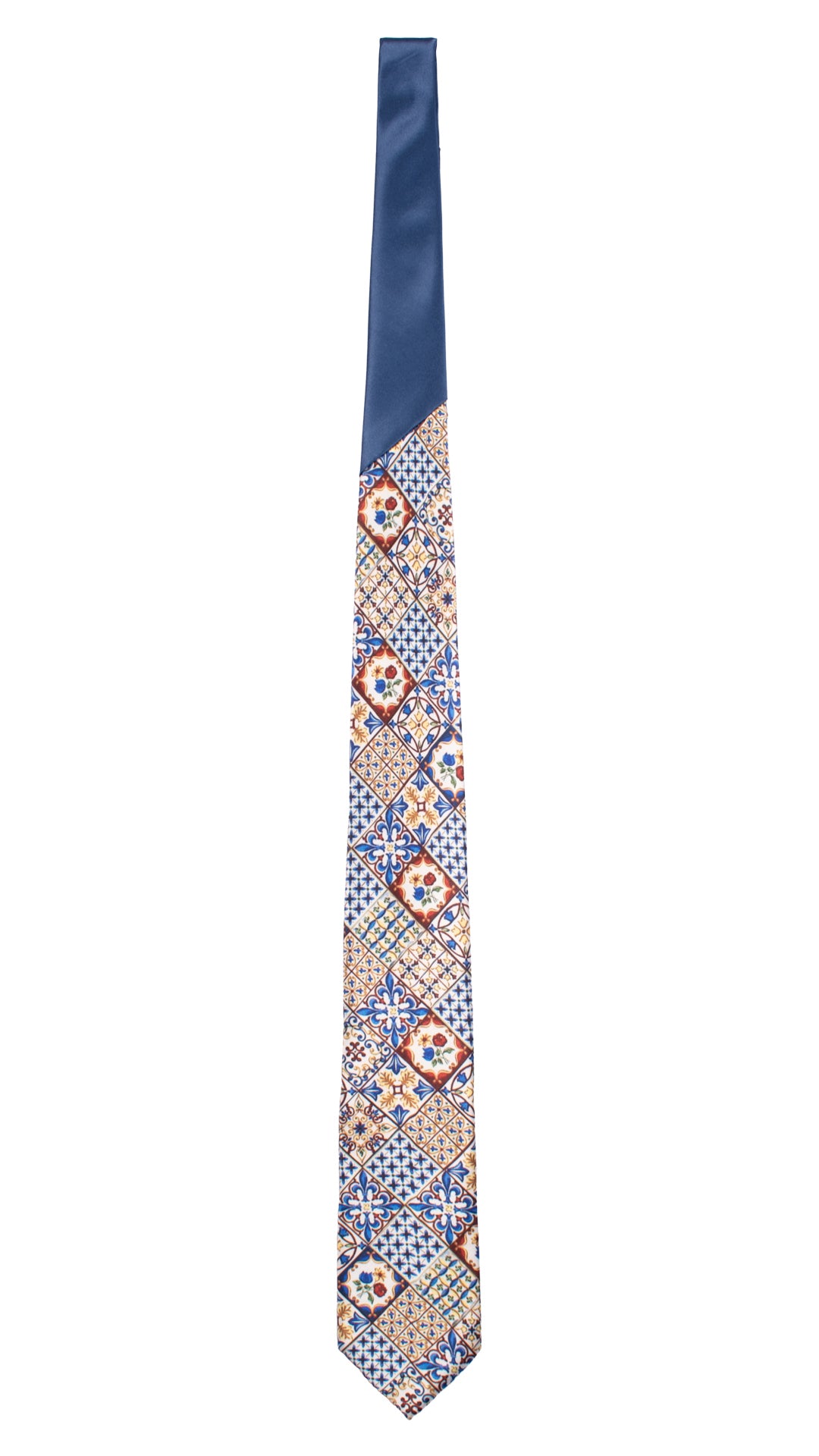 Cravatta Siciliana Stampa di Raso con Maioliche Multicolor Nodo in Contrasto Blu N3237 Made in Italy Graffeo Cravatte Intera