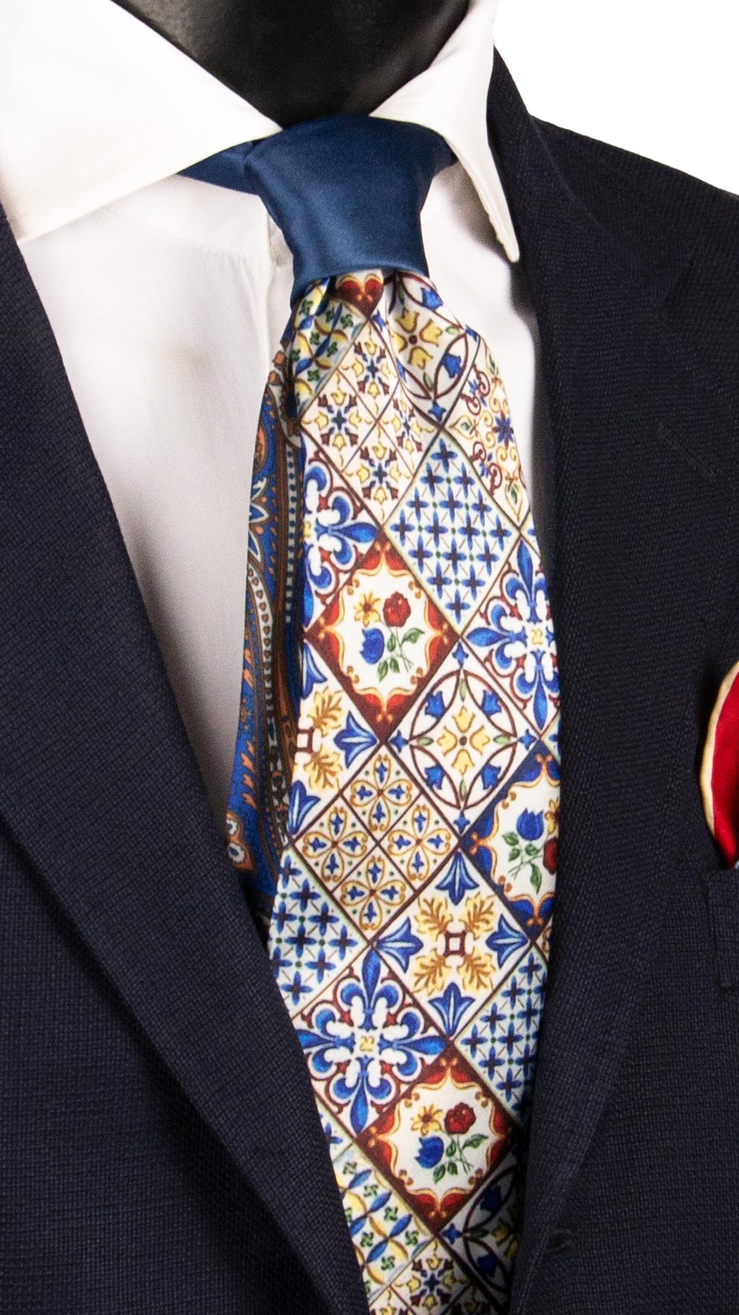 Cravatta Siciliana Stampa di Raso con Maioliche Multicolor Nodo in Contrasto Blu N3237 Made in Italy Graffeo Cravatte