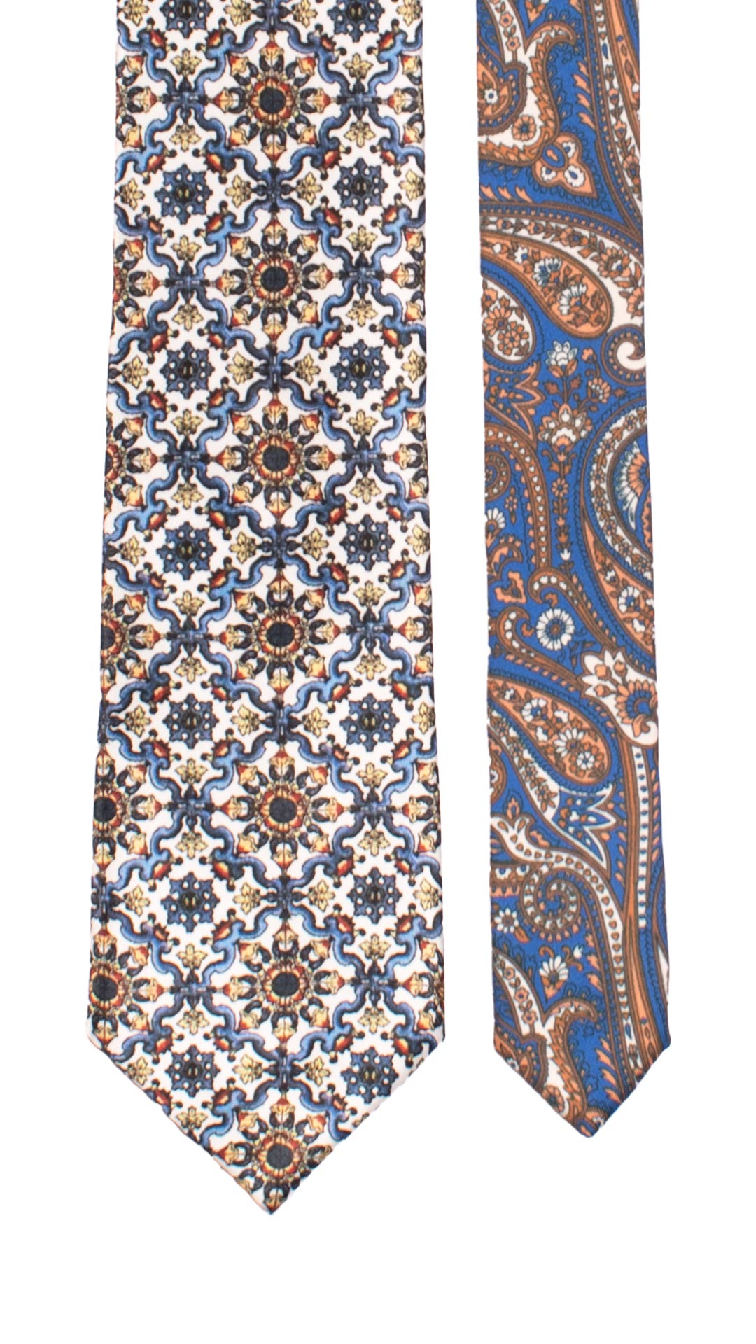 Cravatta Siciliana Stampa di Raso con Maioliche Multicolor Nodo in Contrasto Blu N3240 Made in Italy Graffeo Cravatte Pala