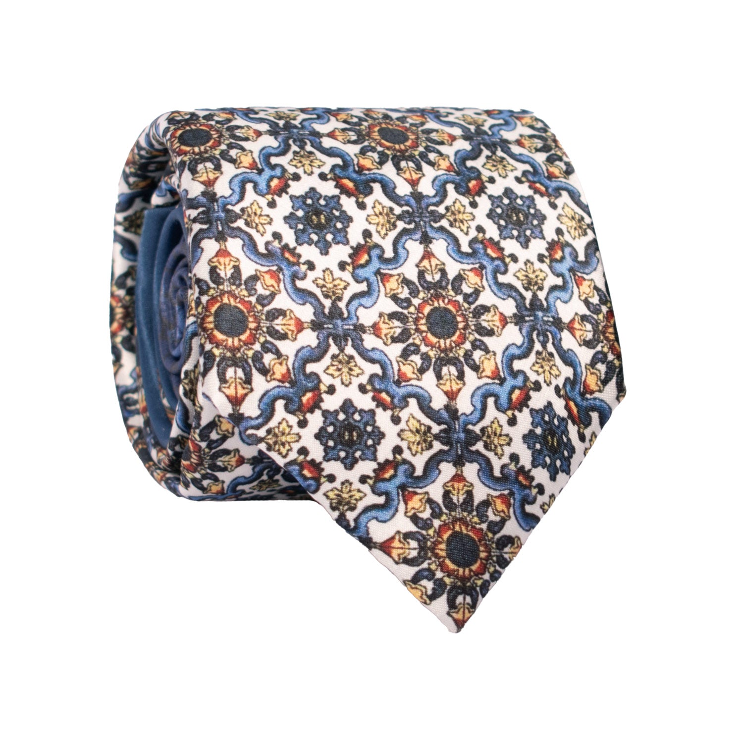 Cravatta Siciliana Stampa di Raso con Maioliche Multicolor Nodo in Contrasto Blu N3240 Made in Italy Graffeo Cravatte Rotolo