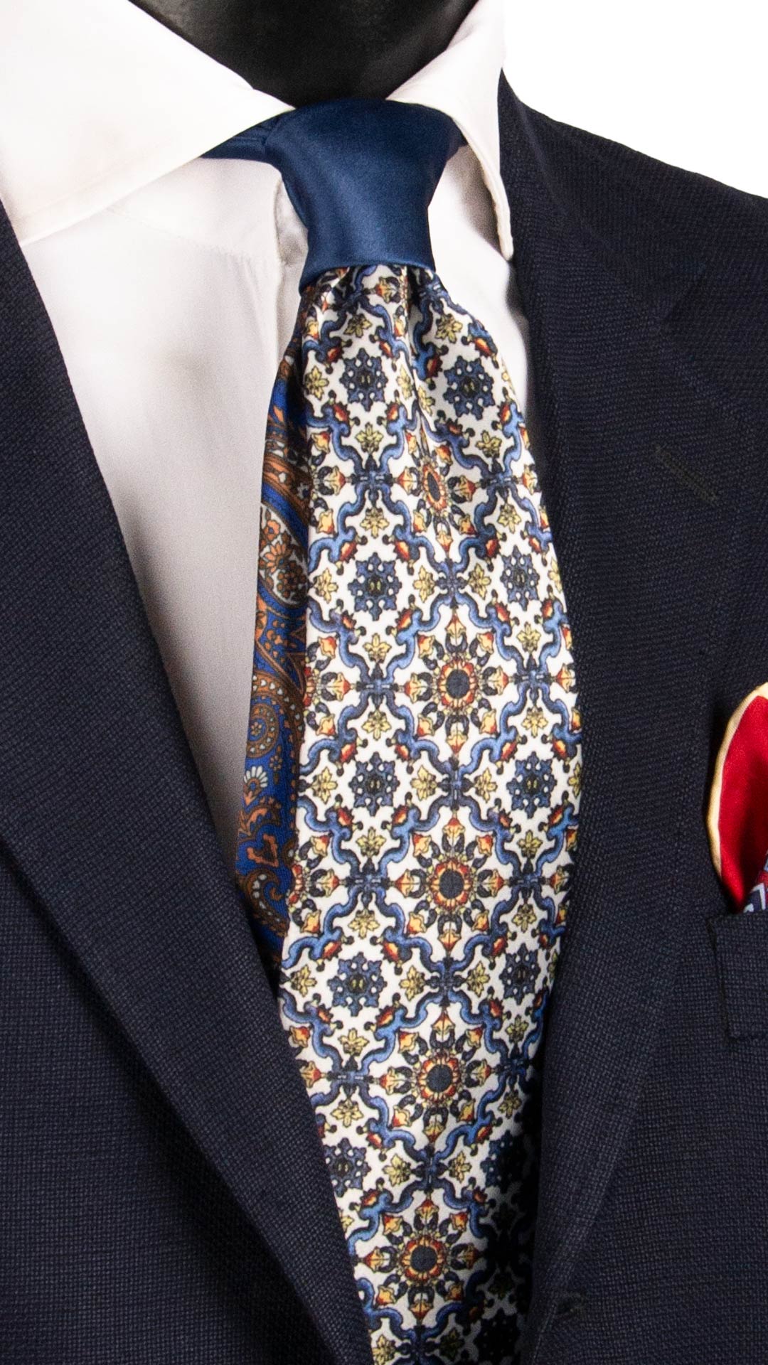 Cravatta Siciliana Stampa di Raso con Maioliche Multicolor Nodo in Contrasto Blu N3240 Made in Italy Graffeo Cravatte
