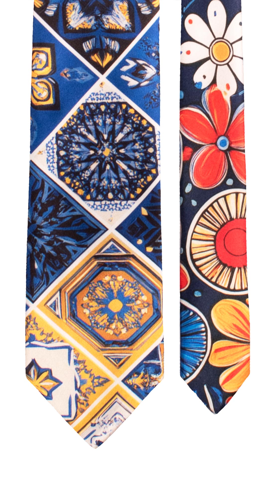 Cravatta Siciliana Stampa di Raso con Maioliche Multicolor Nodo in Contrasto Blu N3260 Made in Italy Graffeo Cravatte Pala