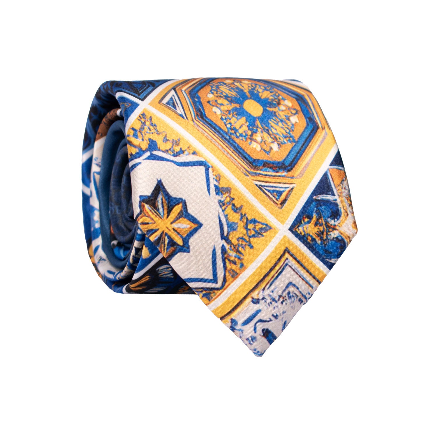 Cravatta Siciliana Stampa di Raso con Maioliche Multicolor Nodo in Contrasto Blu N3260 Made in Italy Graffeo Cravatte Rotolo