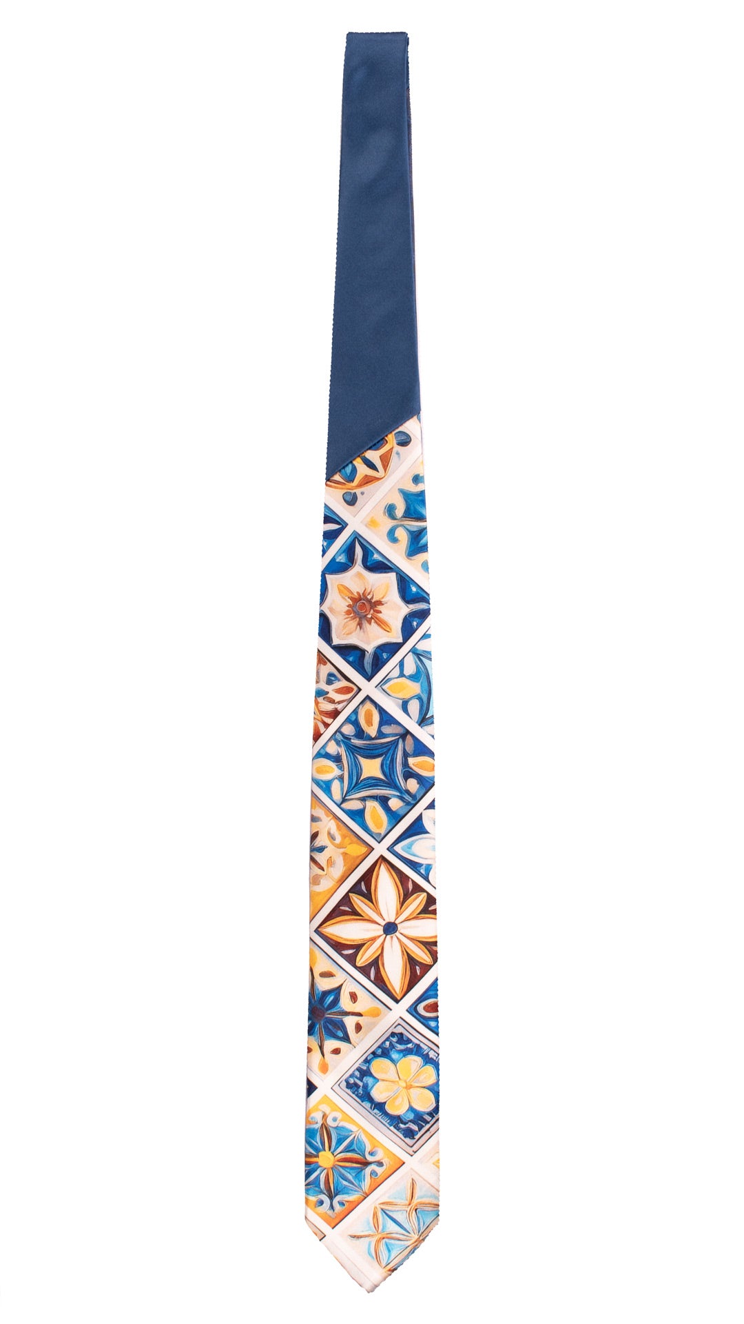 Cravatta Siciliana Stampa di Raso con Maioliche Multicolor Nodo in Contrasto Blu N3261 Made in Italy Graffeo Cravatte Intera