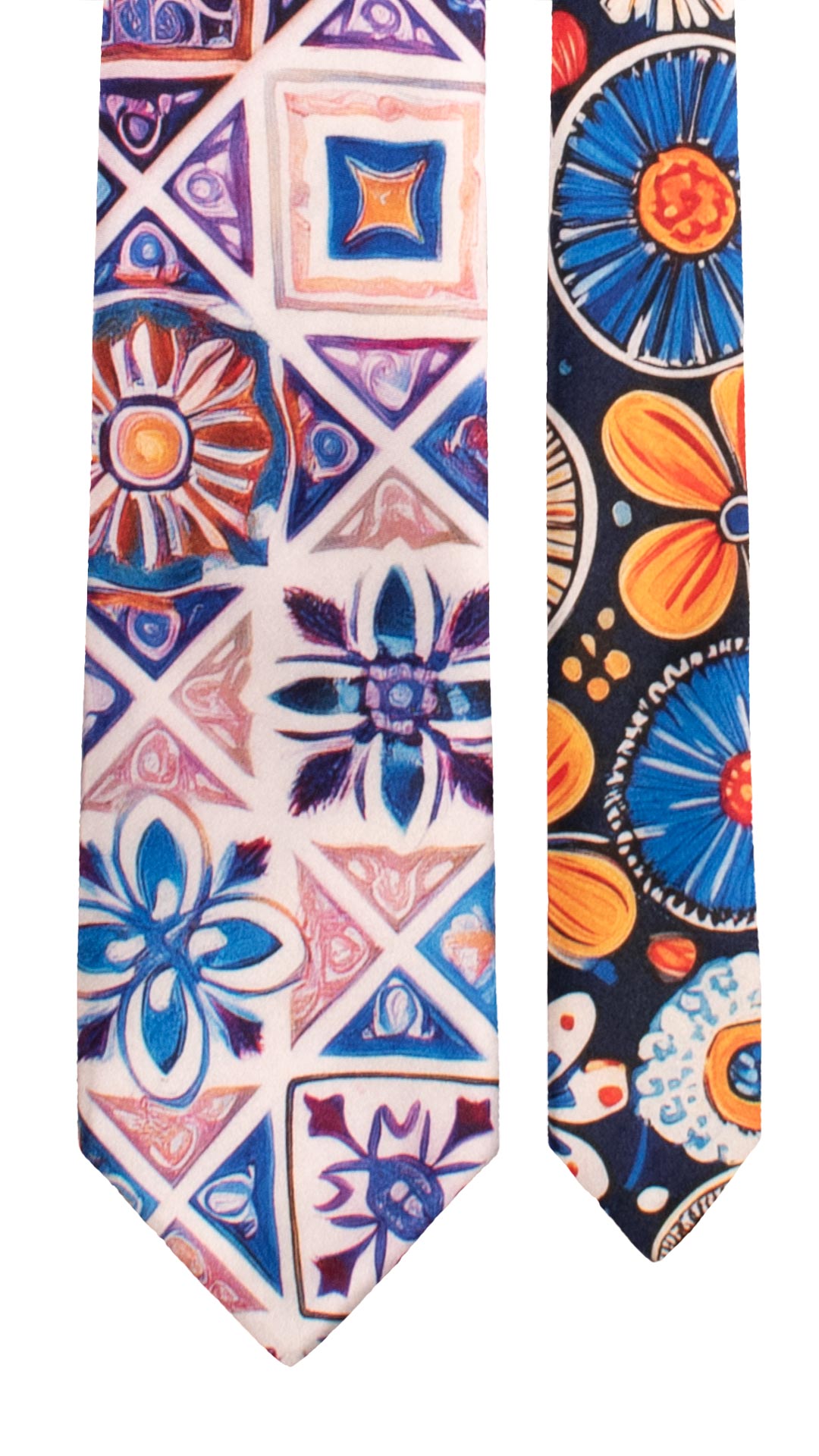 Cravatta Siciliana Stampa di Raso con Maioliche Multicolor Nodo in Contrasto Blu Notte N3254 Made in Italy Graffeo Cravatte Pala