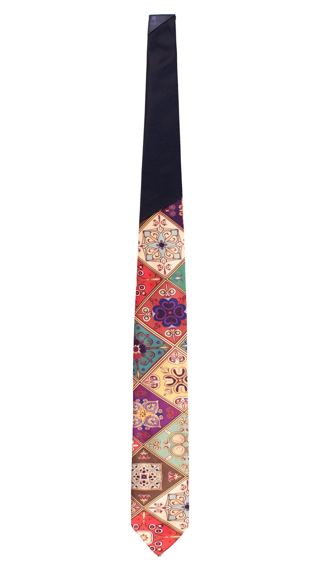 Cravatta Siciliana Stampa di Raso con Maioliche Multicolor Nodo in Contrasto Blu Notte N3257 Made in Italy Graffeo Cravatte Intera