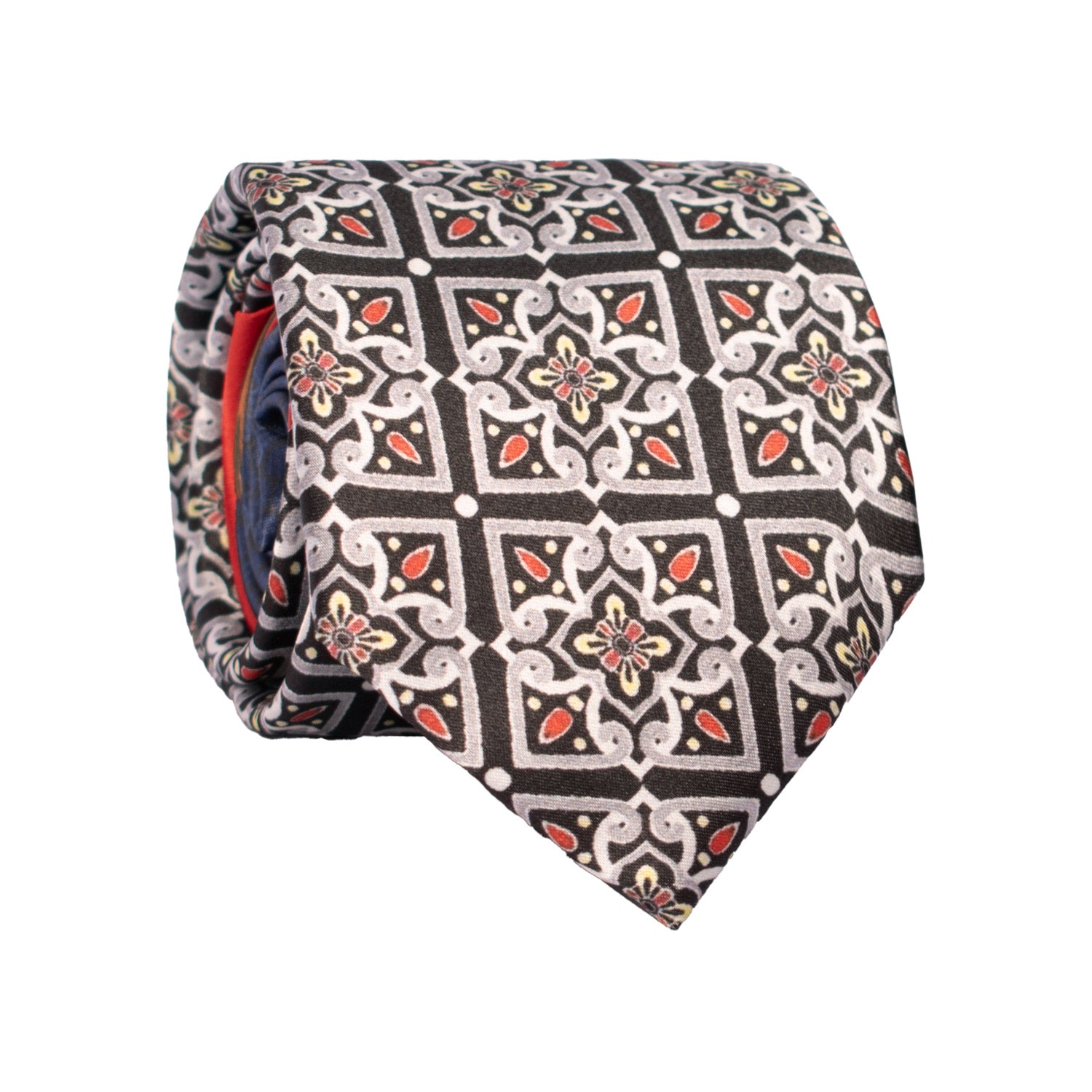 Cravatta Siciliana Stampa di Raso con Maioliche Multicolor Nodo in Contrasto Rosso Arancio N3239 Made in Italy Graffeo Cravatte Rotolo