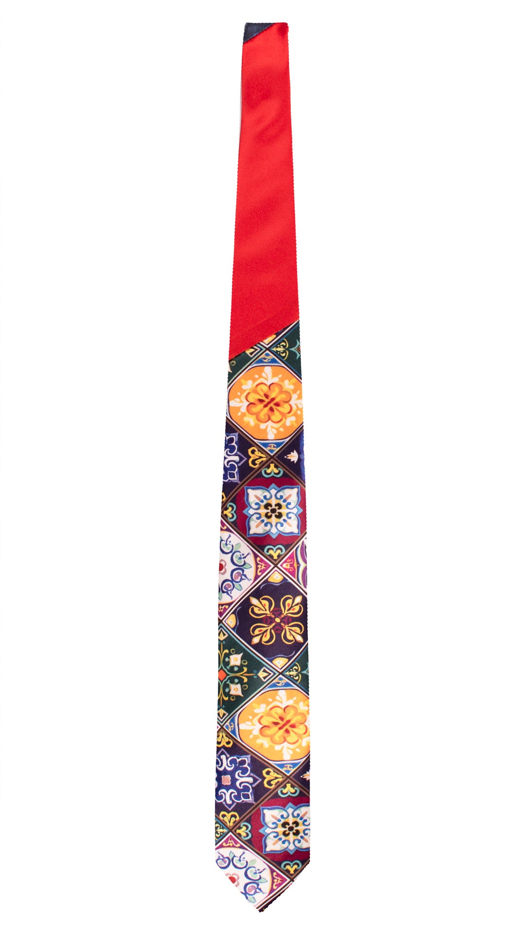 Cravatta Siciliana Stampa di Raso con Maioliche Multicolor Nodo in Contrasto Rosso N3255 Made In Italy Graffeo Cravatte Intera