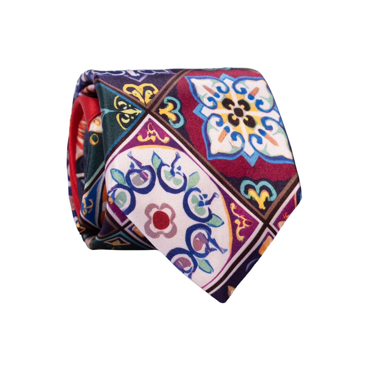 Cravatta Siciliana Stampa di Raso con Maioliche Multicolor Nodo in Contrasto Rosso N3255 Made In Italy Graffeo Cravatte Rotolo
