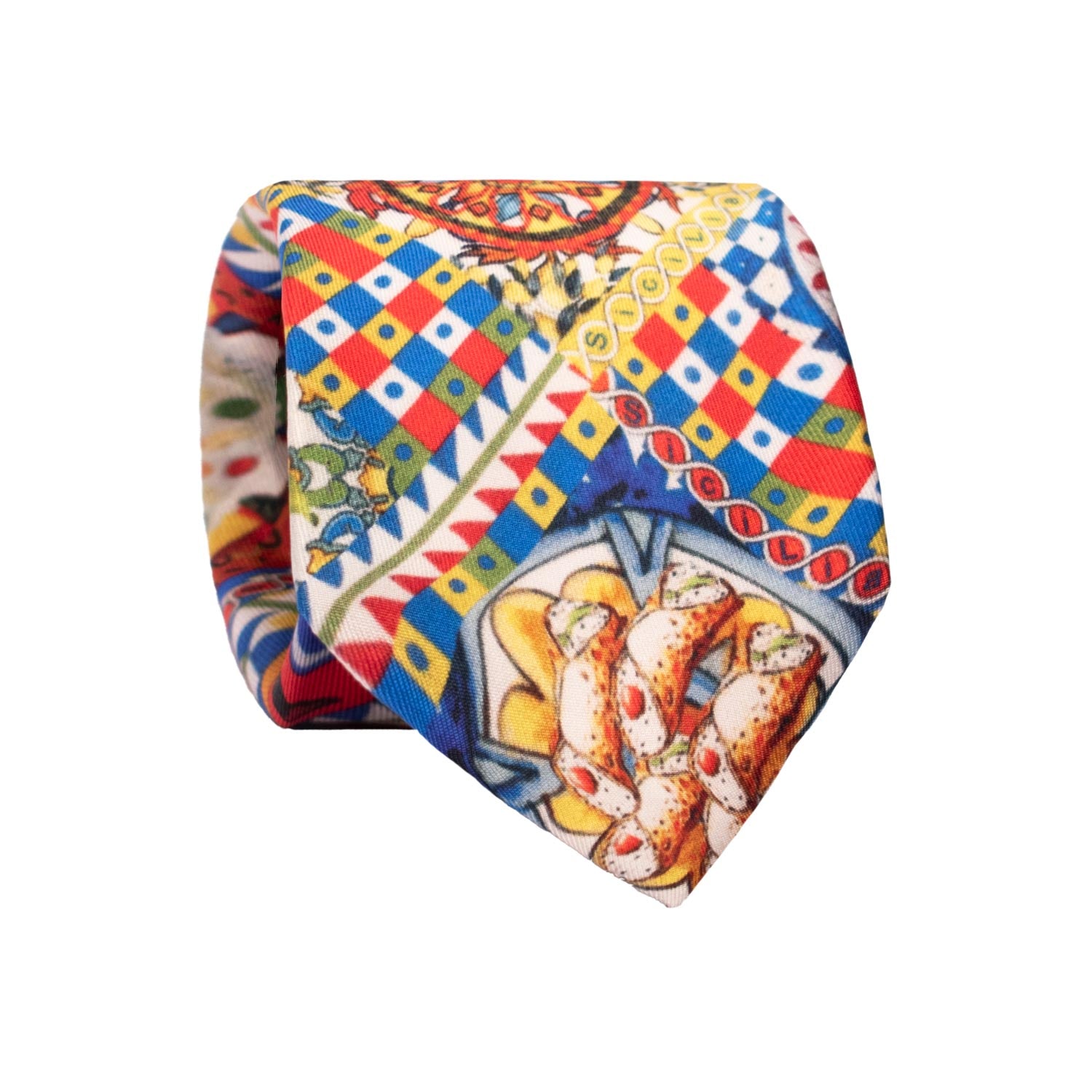 Cravatta Sette Pieghe Siciliana Stampa in Twill di Seta con Maioliche Multicolor 7P550 Made in Italy Graffeo Cravatte Rotolo