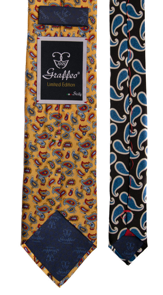 Cravatta Stampa Gialla Paisley Multicolor Nodo in Contrasto Blu Paisley Multicolor Made in Italy Graffeo Cravatte Pala