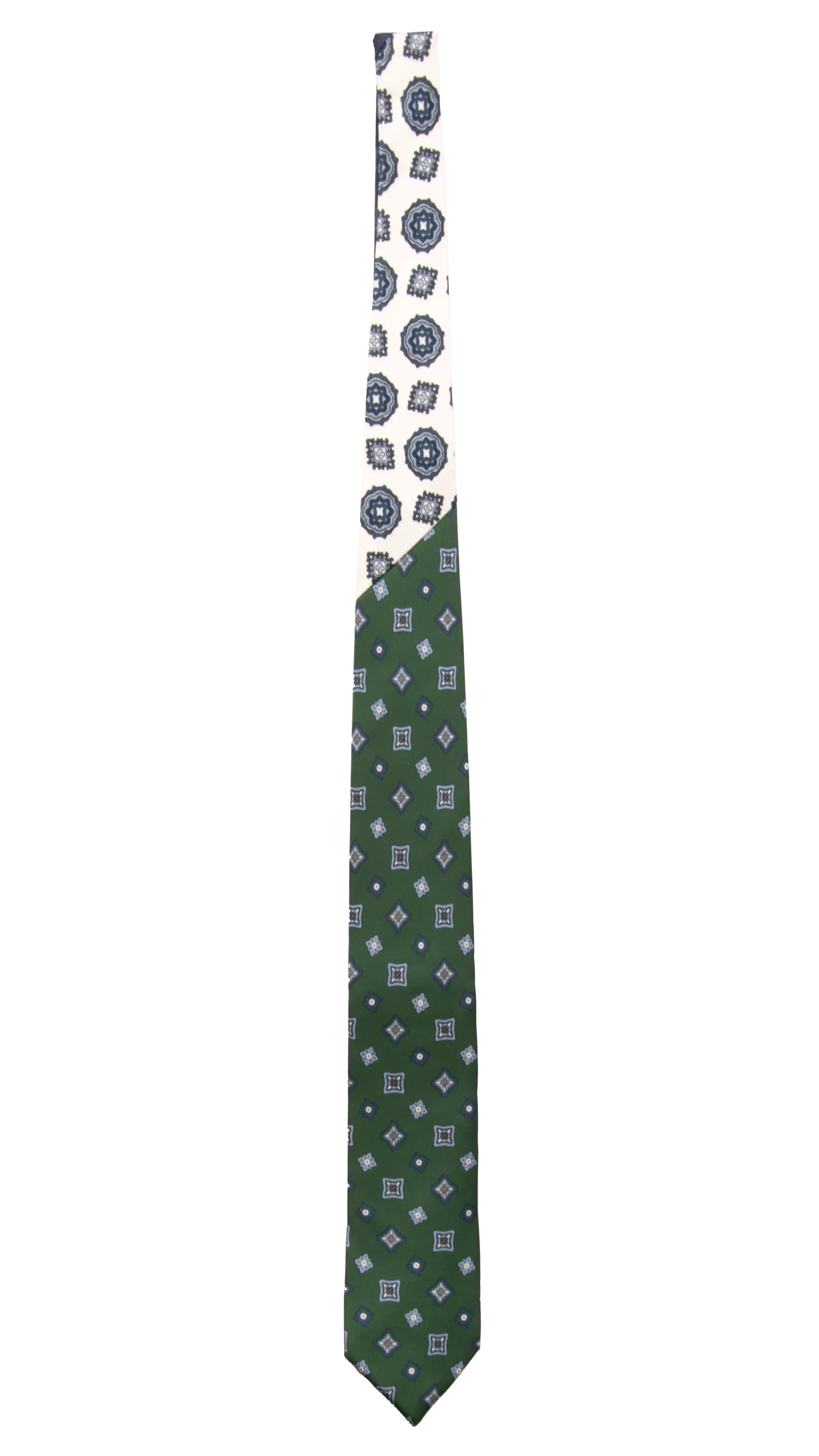 Cravatta Stampa Verde Fantasia Blu Celeste Nodo in Contrasto Bianco a Medaglioni Made in Italy Graffeo Cravatte Intera