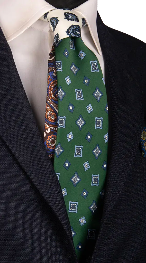 Cravatta Stampa Verde Fantasia Blu Celeste Nodo in Contrasto Bianco a Medaglioni Made in Italy Graffeo Cravatte