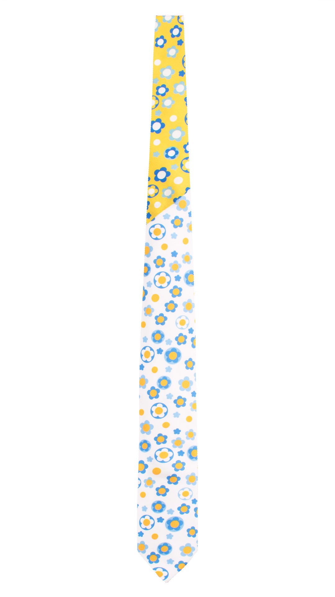 Man White Printed Silk Tie Multicolor Flowers Yellow Contrast Knot Multicolor Flowers N3265