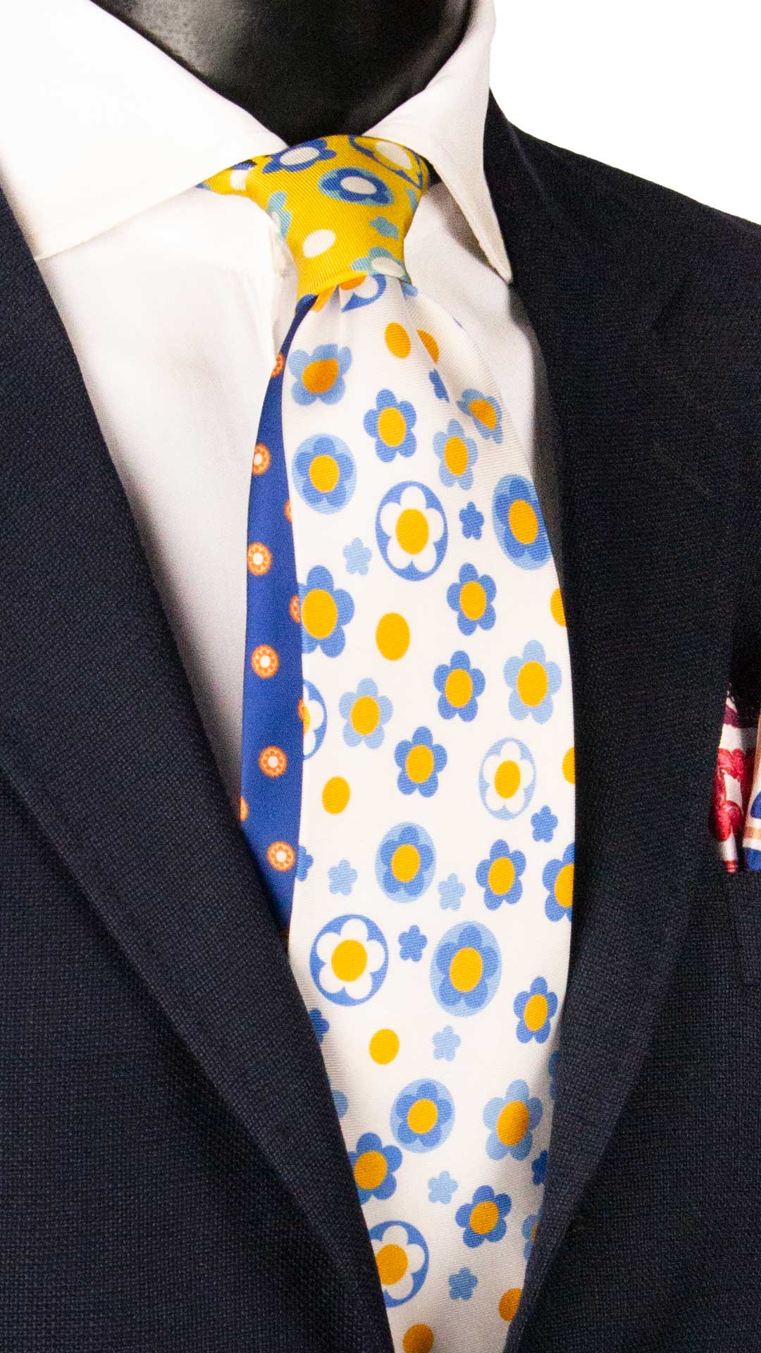 Man White Printed Silk Tie Multicolor Flowers Yellow Contrast Knot Multicolor Flowers N3265