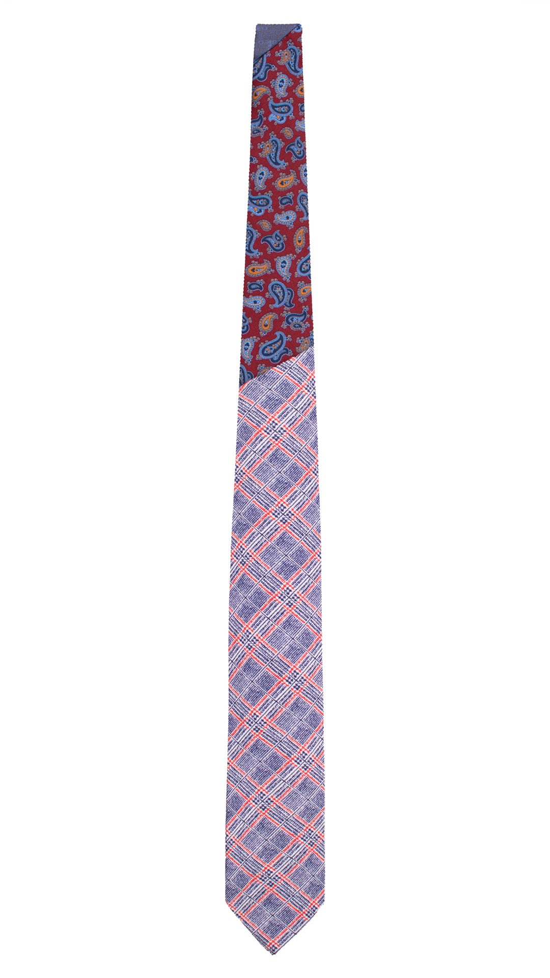 Cravatta Stampa di Seta Bianca a Quadri Blu Rossi Nodo in Contrasto Bordeaux Paisley Azzurro Blu Marrone Chiaro N3302 Made in Italy Graffeo Cravatte Intera