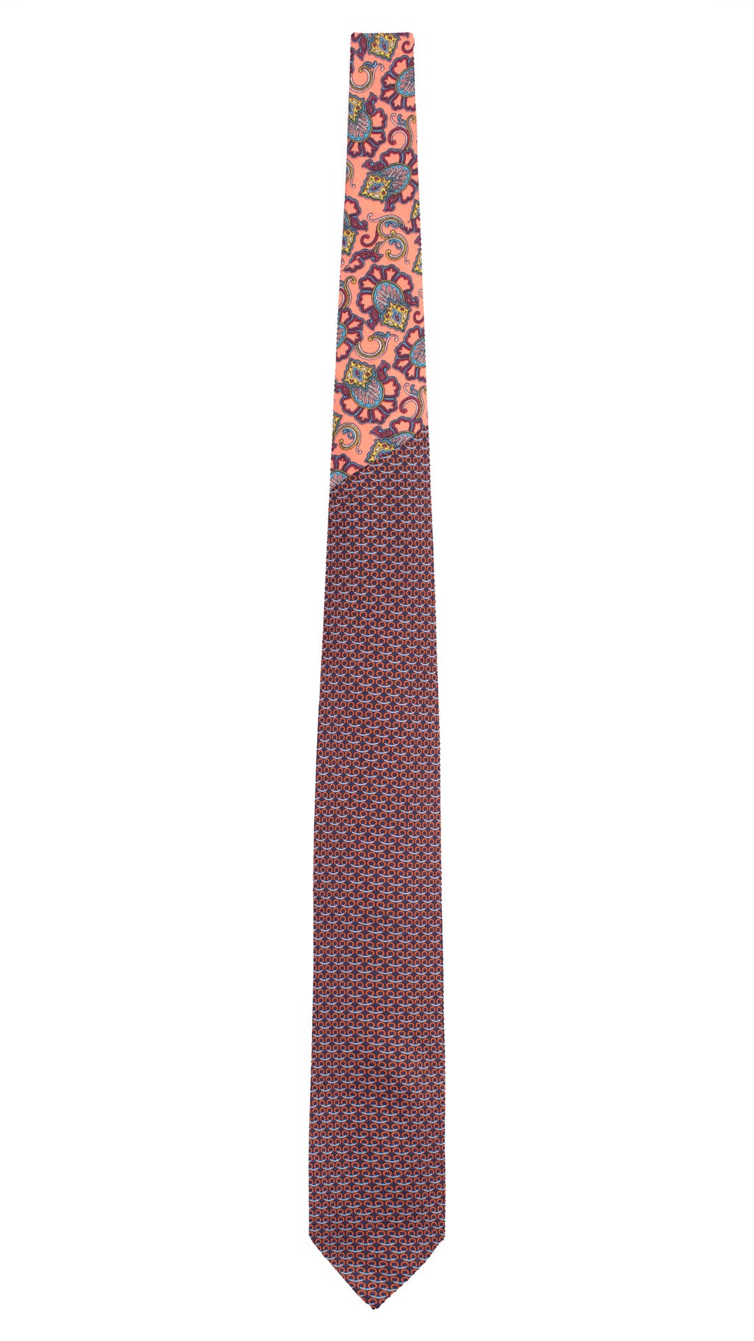 Cravatta Stampa di Seta Blu Fantasia Arancione Celeste Nodo in Contrasto Rosa Salmone Paisley Multicolor N3305 Made in Italy Graffeo Cravatte Intera